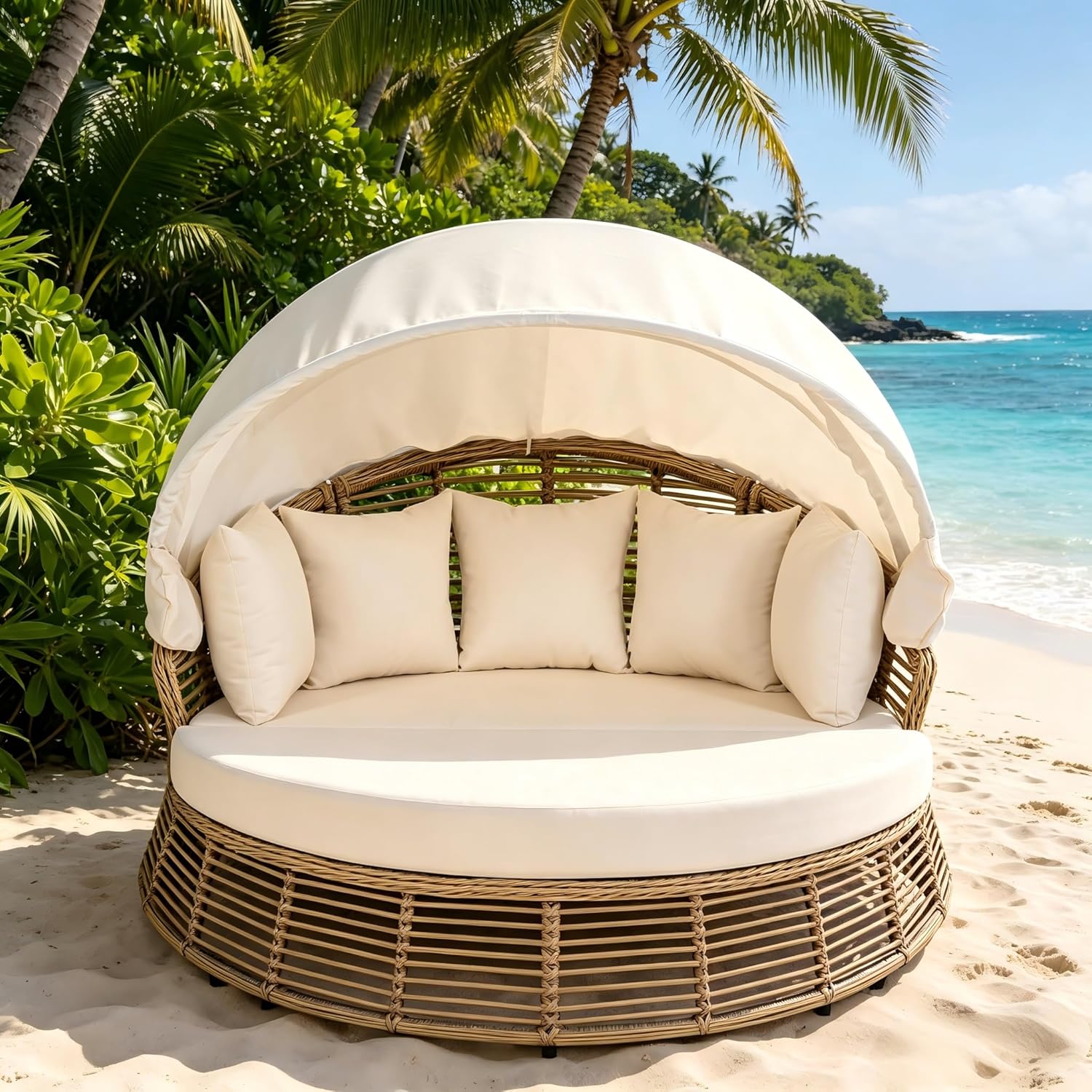 KEVINSPACE Outdoor Daybed with Retractable Canopy Patio RoundDaybed Wicker Rattan OutdoorSectional Bed Lounger, Washable Cushions Furniture for Lawn Backyard Pool Porch Beige