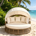 KEVINSPACE Outdoor Daybed with Retractable Canopy Patio RoundDaybed Wicker Rattan OutdoorSectional Bed Lounger, Washable Cushions Furniture for Lawn Backyard Pool Porch Beige