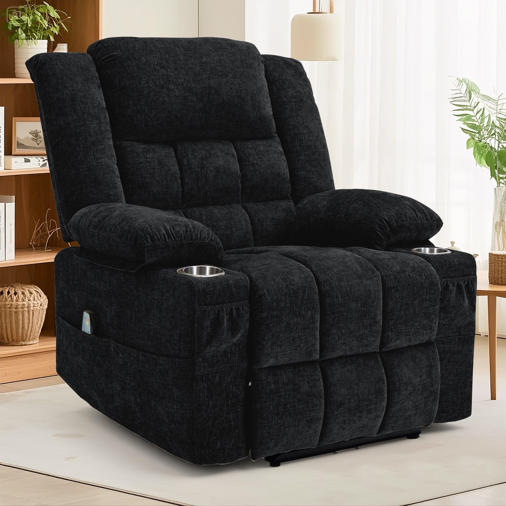 Korser 360° Swivel Rocker Recliner for Adults, Nursery Glider Recliner with Massage and Heating, Rocking Chair with Cup Holder, Manual Recliner Chair for Living Room, Bedroom (Fabric, Dark Gray)