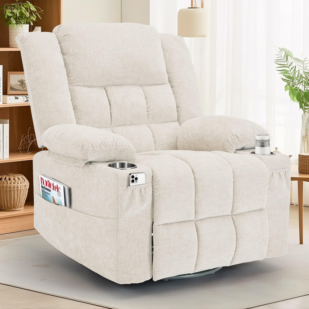 Korser 360° Swivel Rocker Recliner for Adults, Nursery Glider Recliner with Massage and Heating, Rocking Chair with Cup Holder, Manual Recliner Chair for Living Room, Bedroom (Fabric, Dark Gray)