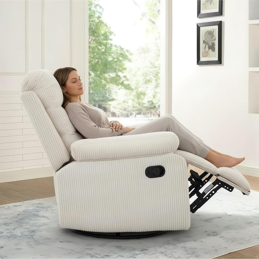 Rocking Recliner Chair,Modern Swivel Glider Recliner Chair,Corduroy Fabric Upholstery Recliner,Manual Reclining Sofa Chair for Living Room,Office,Apartment (Beige)
