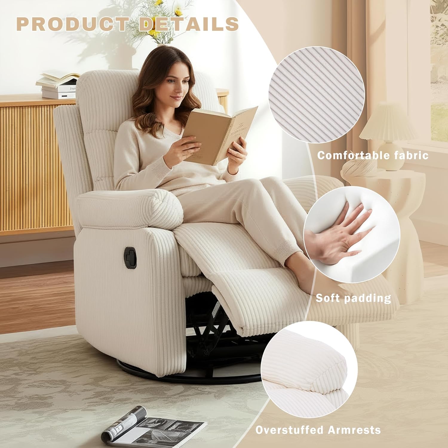 Rocking Recliner Chair,Modern Swivel Glider Recliner Chair,Corduroy Fabric Upholstery Recliner,Manual Reclining Sofa Chair for Living Room,Office,Apartment (Beige)