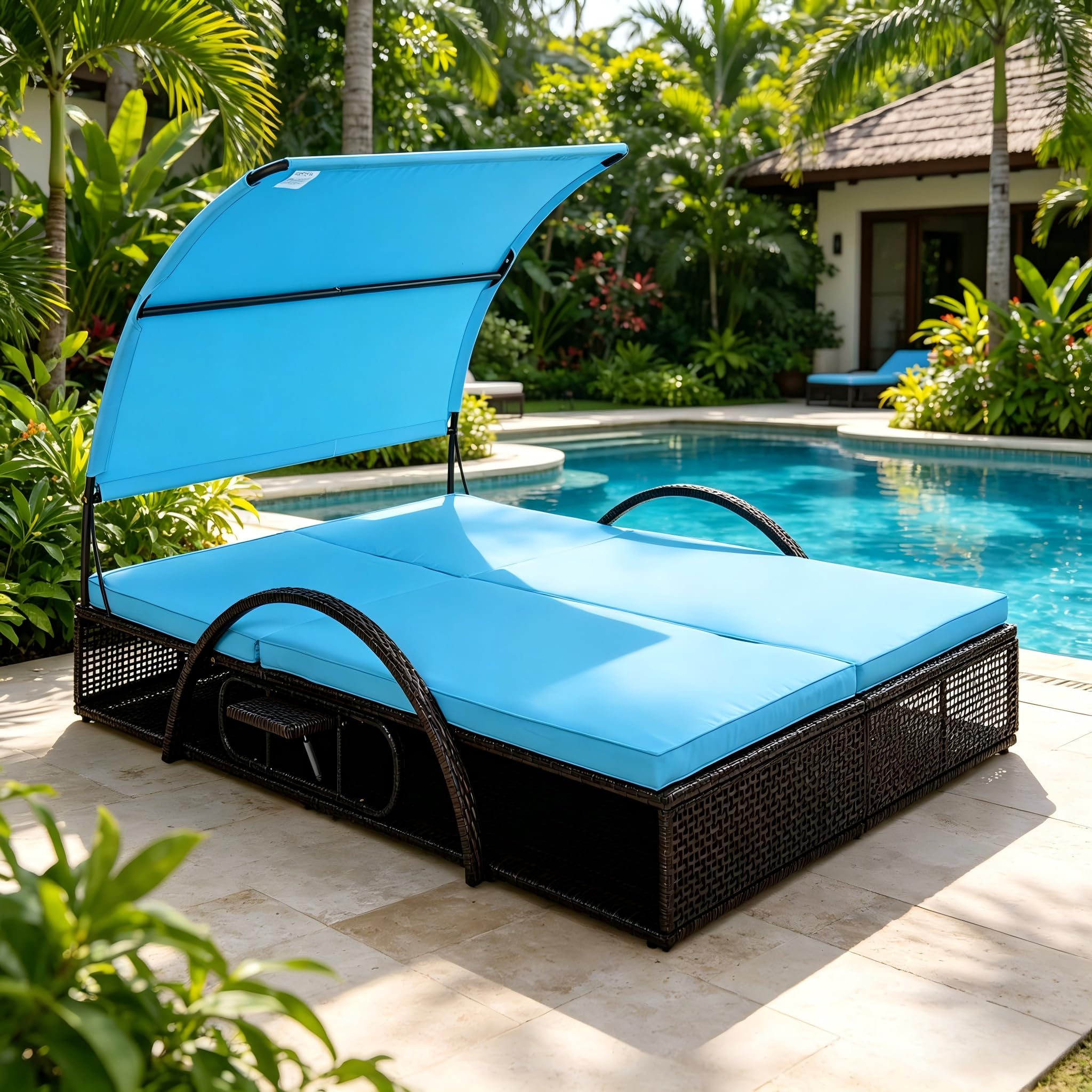 KEVINSPACE Outdoor Daybed with Retractable Canopy Patio RoundDaybed Wicker Rattan OutdoorSectional Bed Lounger, Washable Cushions Furniture for Lawn Backyard Pool Porch Beige