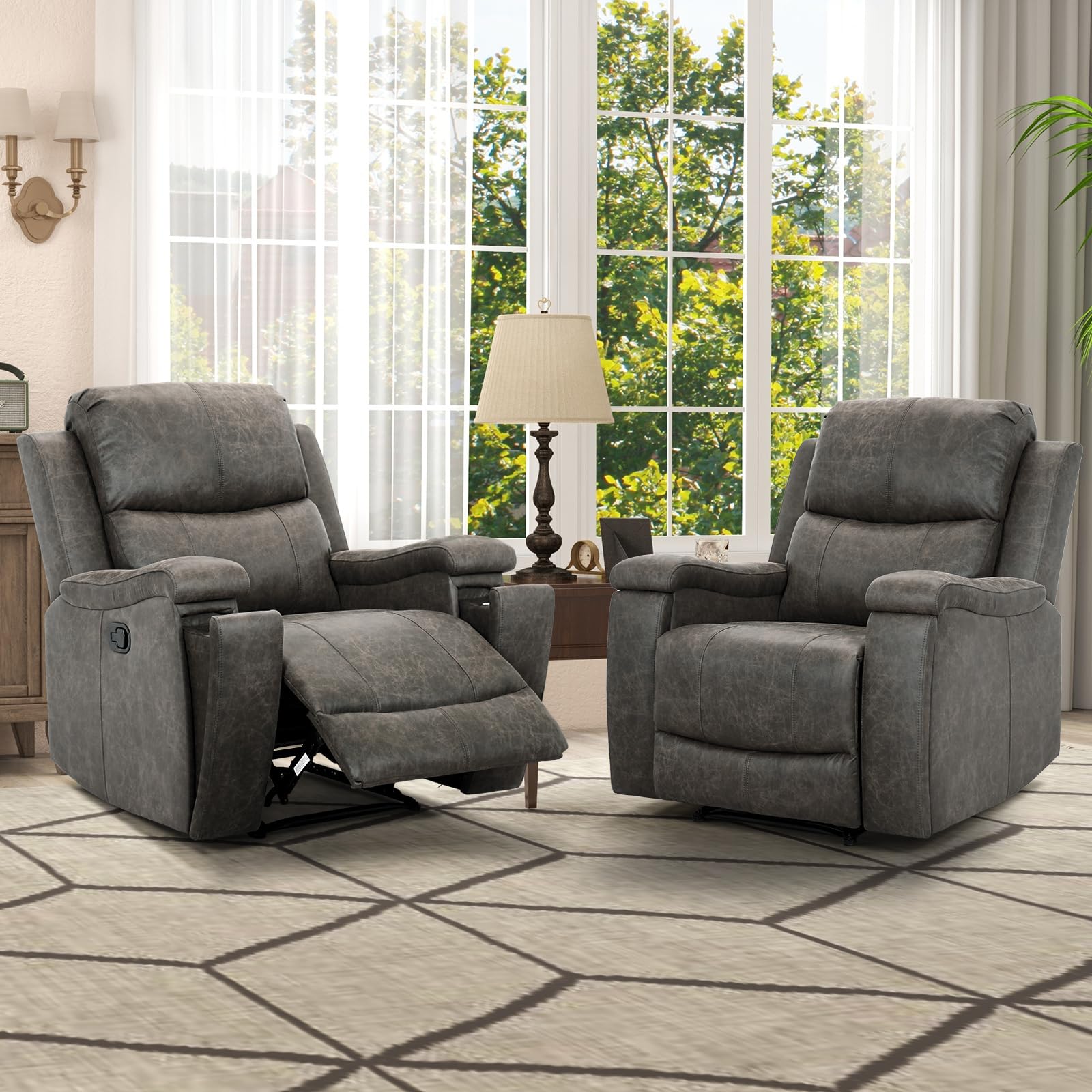 CANMOV Leather Recliner Chair, Classic and Traditional Manual Recliner Chair with Overstuffed Arms and Back, Manual Single Sofa with Concealed Cup Holders,Nut Brown