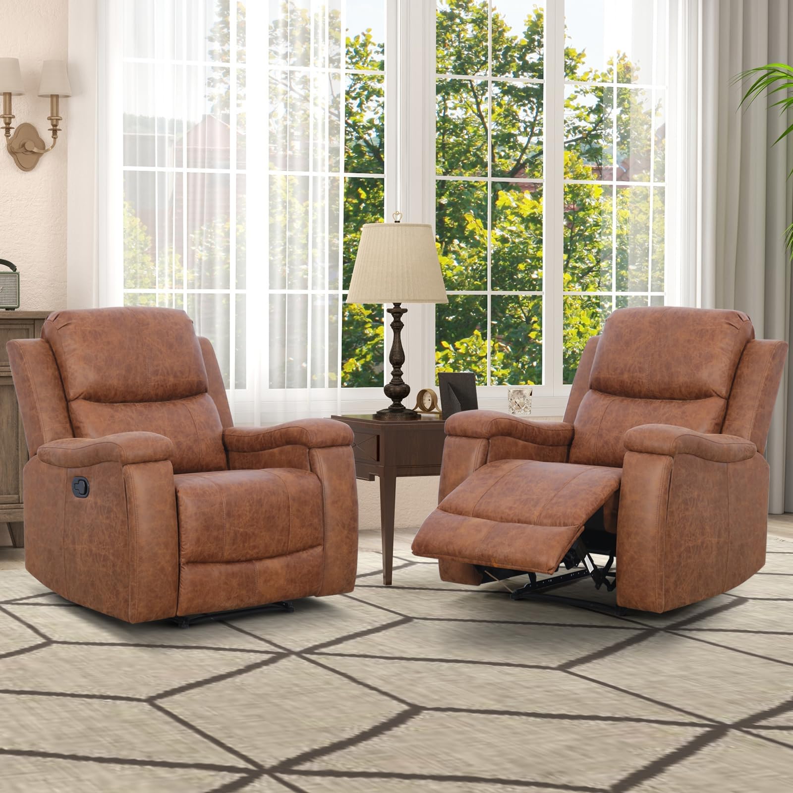 CANMOV Leather Recliner Chair, Classic and Traditional Manual Recliner Chair with Overstuffed Arms and Back, Manual Single Sofa with Concealed Cup Holders,Nut Brown