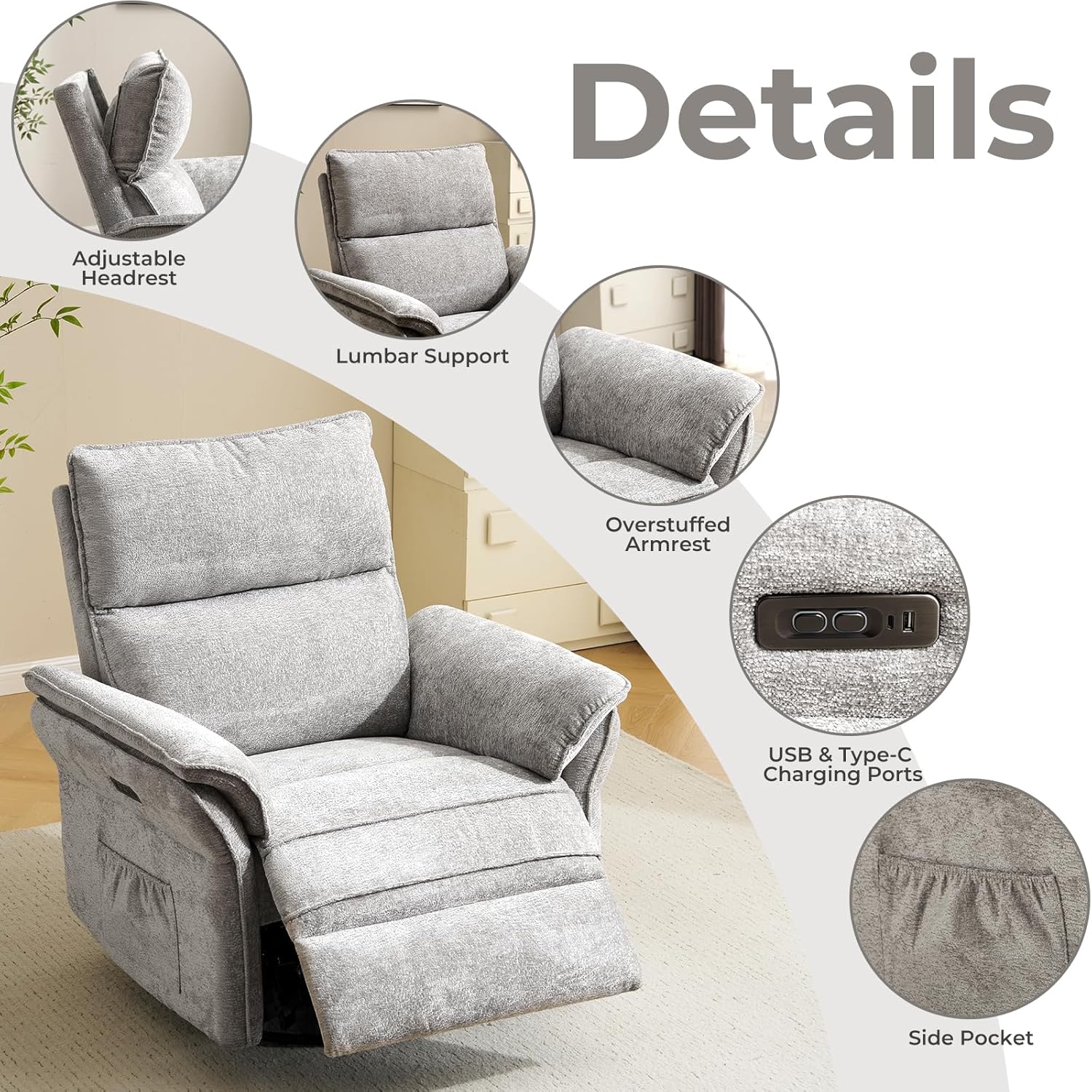 Oversized Power Recliner Chair Swivel Glider with Massage and Heat, Rocker Nursery Recliner for Adults with Adjustable Headrest, 26" Extra Wide Nursery Chair with Overstuffed Armrest,Light Grey