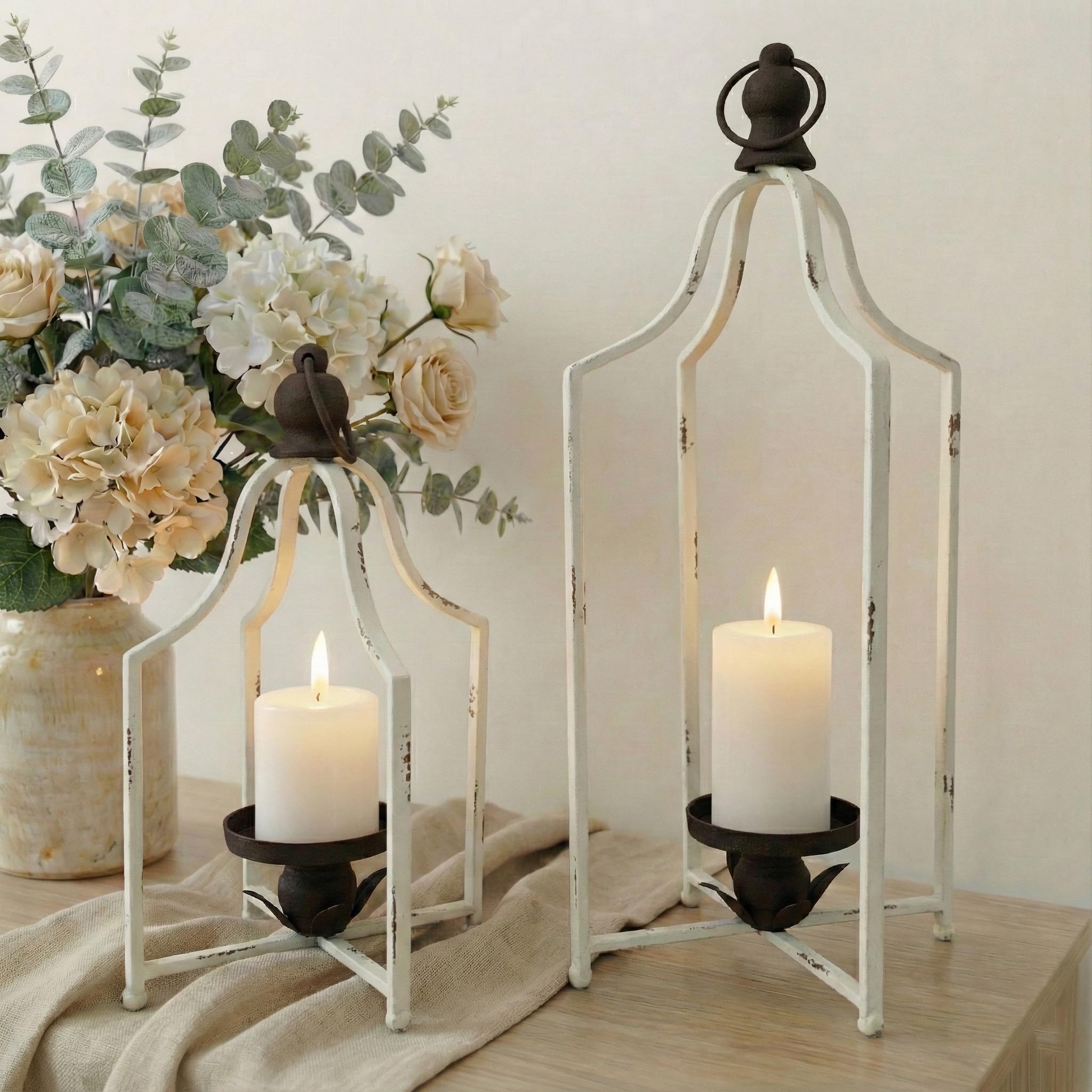 2Pcs Antique Gold Metal Lantern Candle Holders, 12.5" & 16.5" Farmhouse Decor