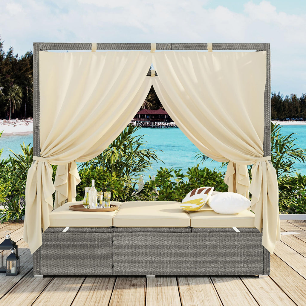 Patio Chaise Lounge, PE Rattan Outdoor Patio Wicker Sunbed Daybed with Adjustable Seats, Four-sided Canopy, Overhead Curtain and Beige Cushions for Backyard, Garden, Poolside (for 2-6 people)