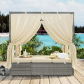 Patio Chaise Lounge, PE Rattan Outdoor Patio Wicker Sunbed Daybed with Adjustable Seats, Four-sided Canopy, Overhead Curtain and Beige Cushions for Backyard, Garden, Poolside (for 2-6 people)