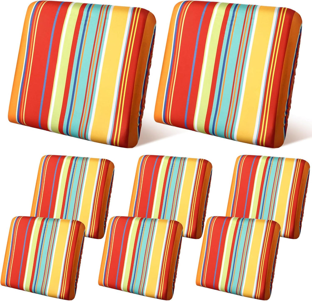 Geyoga 8 Pcs Patio Stretch Sofa Cushion Covers Outdoor Cushion Covers Replacement Waterproof Patio Furniture Couch Slipcovers Washable Chair Seat Soft Flexibility Protector, Rainbow Stripes Style