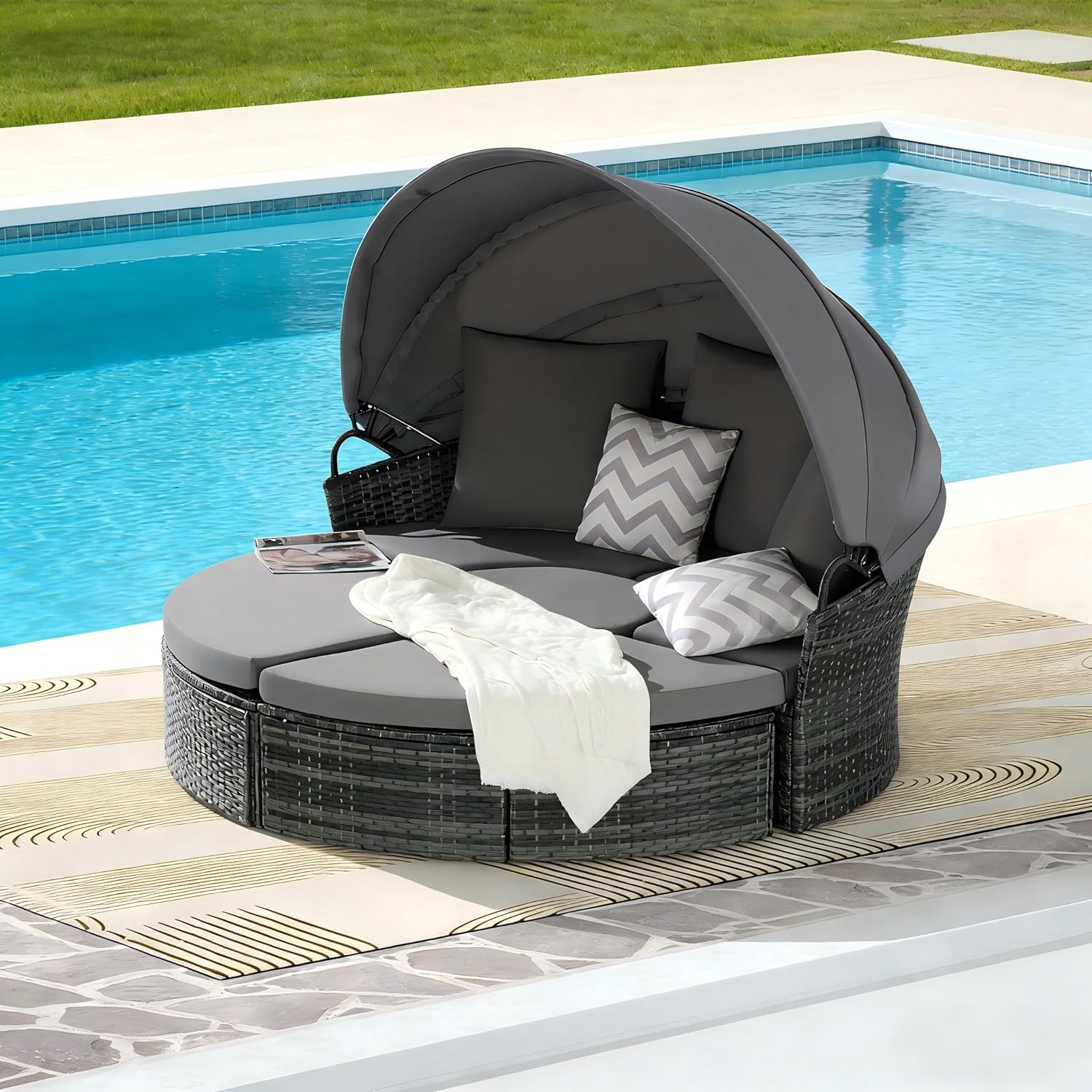 Patio Furniture Outdoor Round Daybed Bed Daybeds with Retractable Canopy, Storable Table, 3 Pillows PatioBed Sun Porch Wicker Rattan Separated Seating Sectional Sofa for Garden Poolside Dark Gray