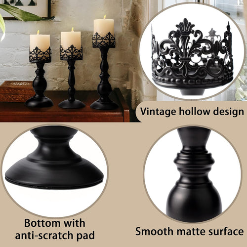 BANOMII Vintage Pillar Candle Holders for Table Centerpiece Set of 3-11'' 9'' 8'' - Matte Black Metal Candle Stands Decorative - Candle Centerpiece for Table Fireplace Decor - Gothic Candle Holder