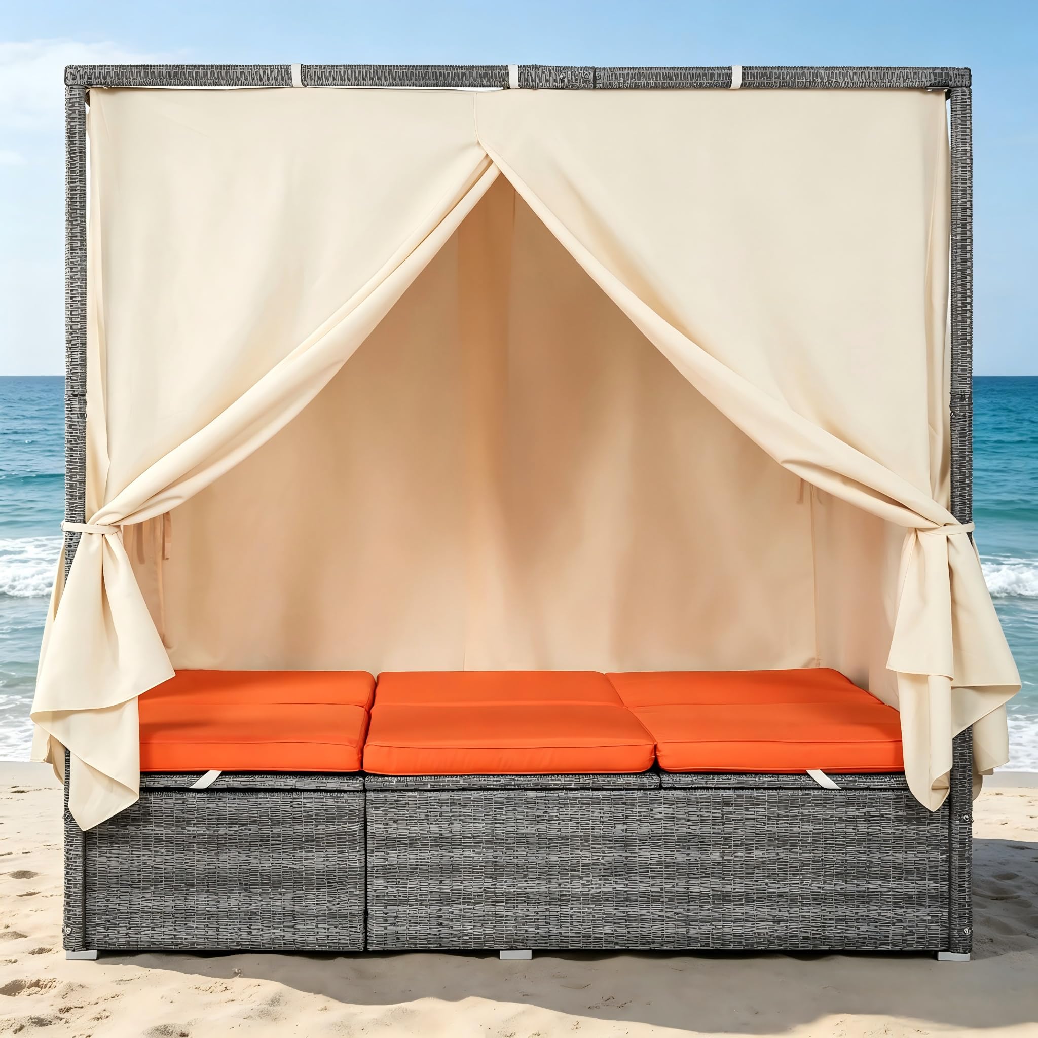 KEVINSPACE Outdoor Daybed with Retractable Canopy Patio RoundDaybed Wicker Rattan OutdoorSectional Bed Lounger, Washable Cushions Furniture for Lawn Backyard Pool Porch Beige