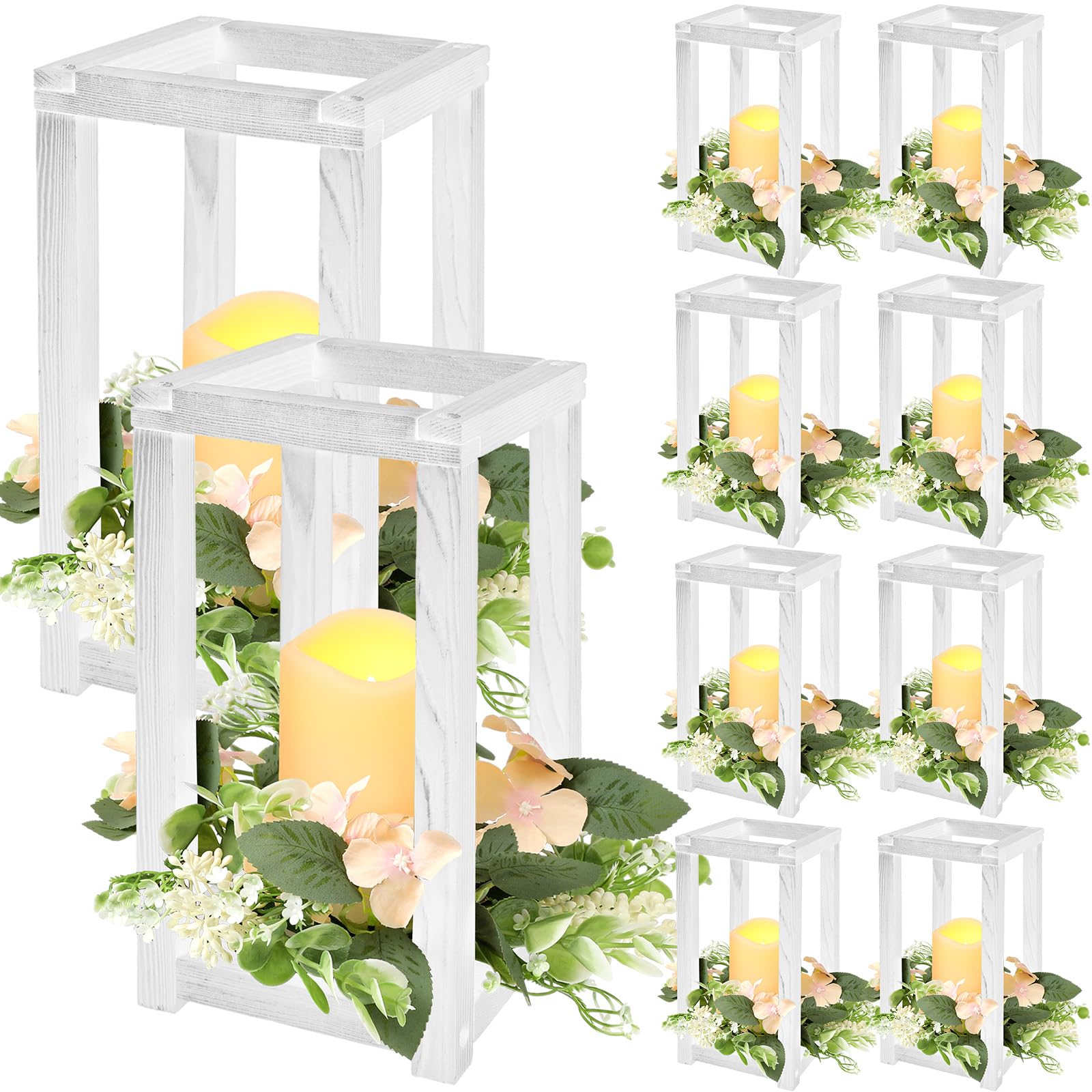 Hushee 30 Pcs Wooden Wedding Lantern Centerpiece Integrated Holders with Candles and Wreaths Rustic Wooden Candle Lantern Decor for Wedding Party Table Valentine Decor (Brown)