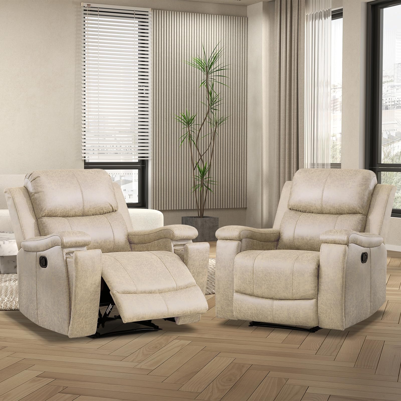 CANMOV Leather Recliner Chair, Classic and Traditional Manual Recliner Chair with Overstuffed Arms and Back, Manual Single Sofa with Concealed Cup Holders,Nut Brown