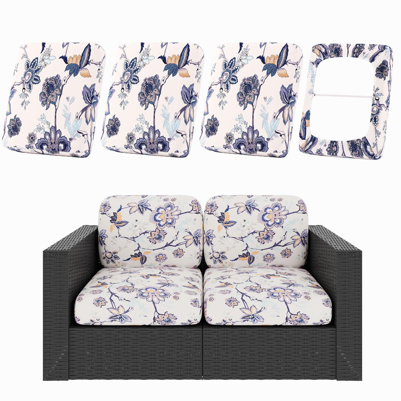 hyha 8Pcs Patio Cushion Covers, Stretch Outdoor Couch Cushion Covers Replacement, Washable Outdoor Chair/Sofa Slipcovers for Patio Furniture Cushions Protector with Elastic Bottom(Floral,Cover Only)