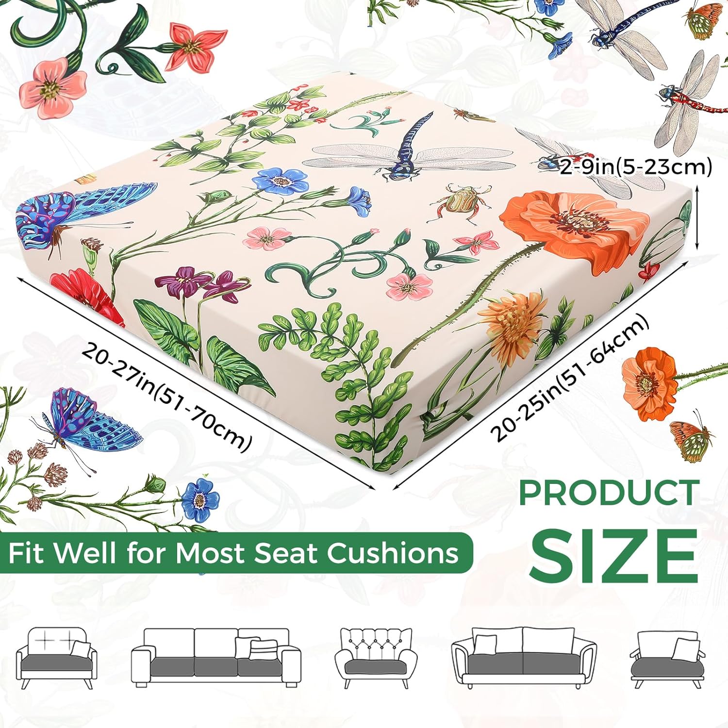 Mindsoft 8 Pcs Printed Cushion Cover for Outdoor Stretch Floral Sofa Couch Cushion Replacement Washable Farmhouse Seat Covers with Elastic for Furniture Chair Bottom