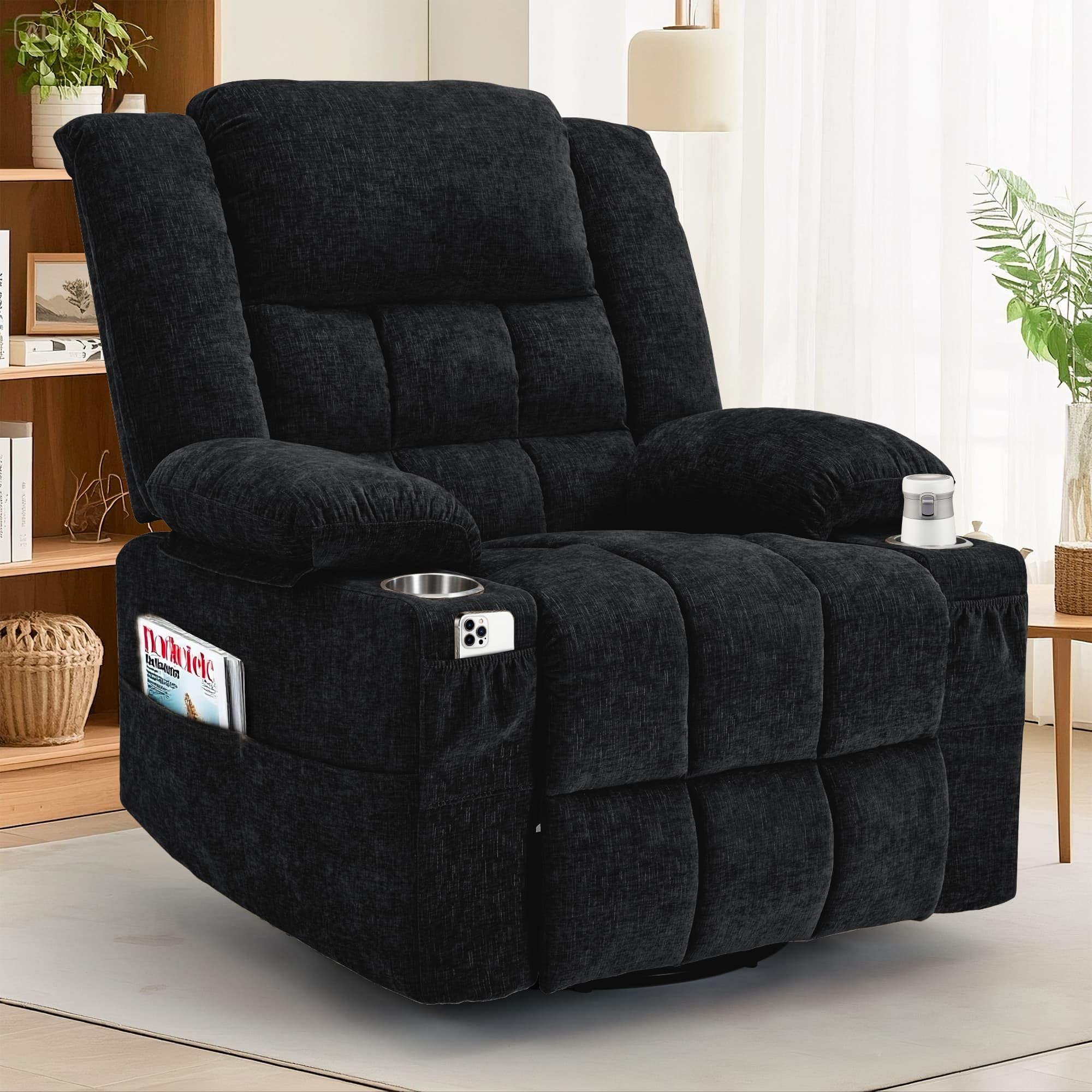Korser 360° Swivel Rocker Recliner for Adults, Nursery Glider Recliner with Massage and Heating, Rocking Chair with Cup Holder, Manual Recliner Chair for Living Room, Bedroom (Fabric, Dark Gray)