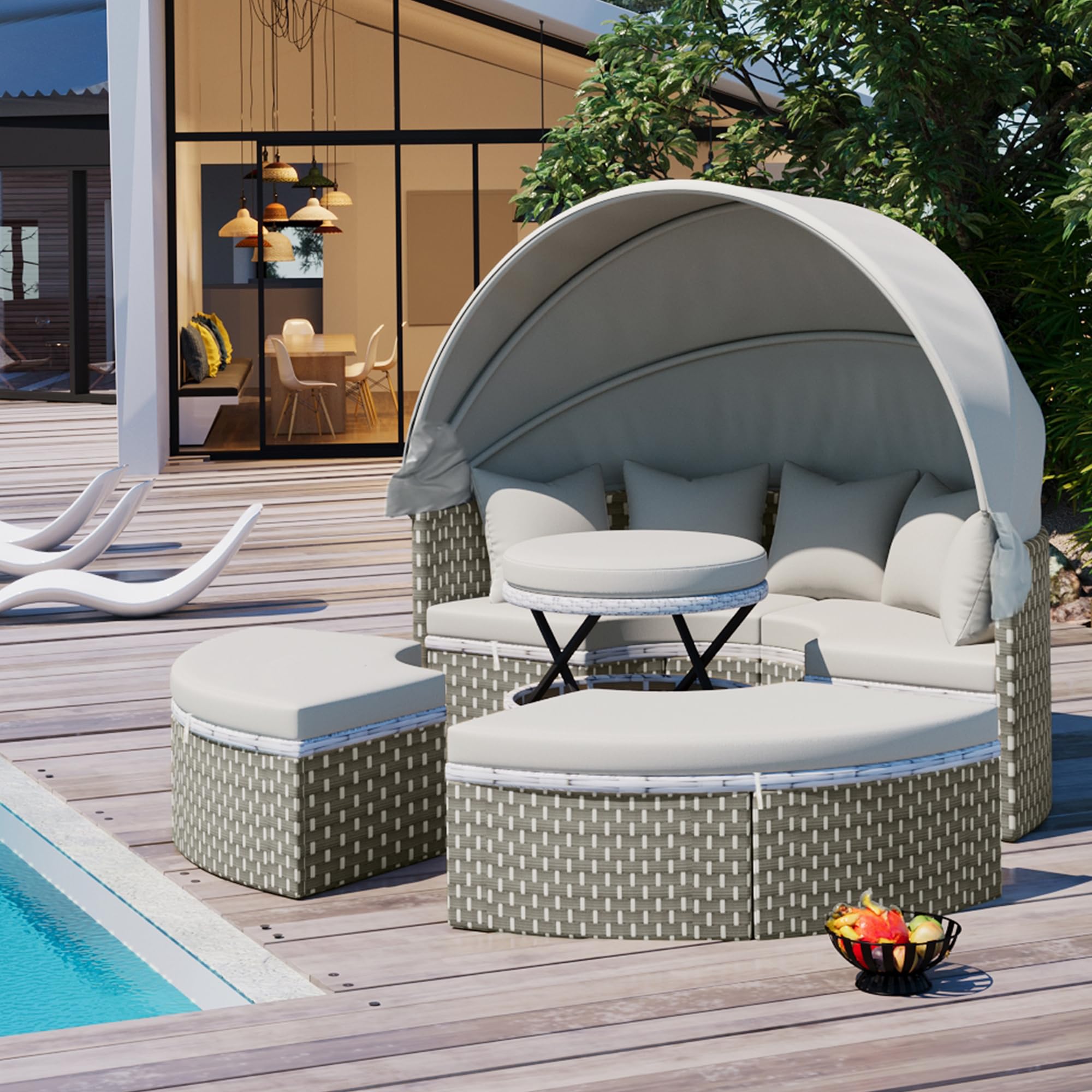 VilroCaz Outdoor Rattan Daybed Patio Wicker Sunbed with Canopy/Overhead Curtains/Cushions, Wicker Patio Sofa Set with Adjustable Seats for Lawn Garden Backyard Poolside (Beige Cushions)