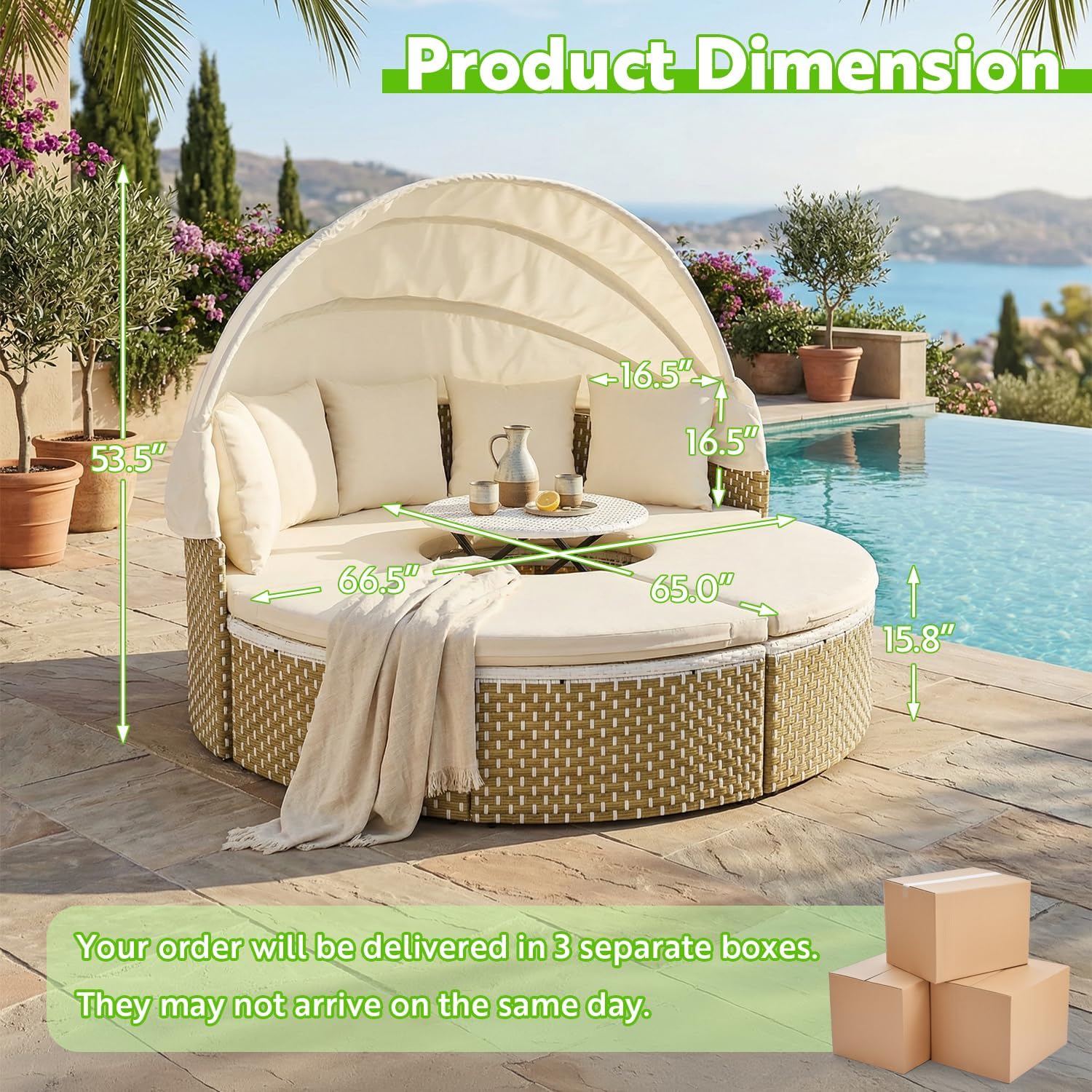 SoarFlash Outdoor Patio Canopy Bed, Round Daybed with Washable Cushions, Clamshell Sectional Seating Wicker Furniture with Retractable Canopy for Lawn Garden Backyard Porch Pool (Beige)