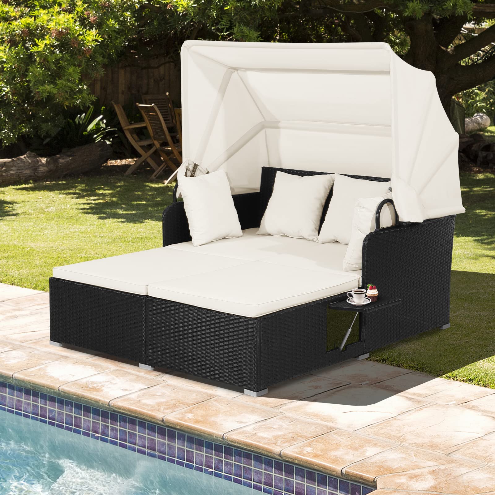COSTWAY Outdoor Daybed with Retractable Canopy, Wicker Patio Furniture Set with Cushioned Pillows, Patio Rattan Daybed for Deck, Backyard, Poolside (Turquoise)