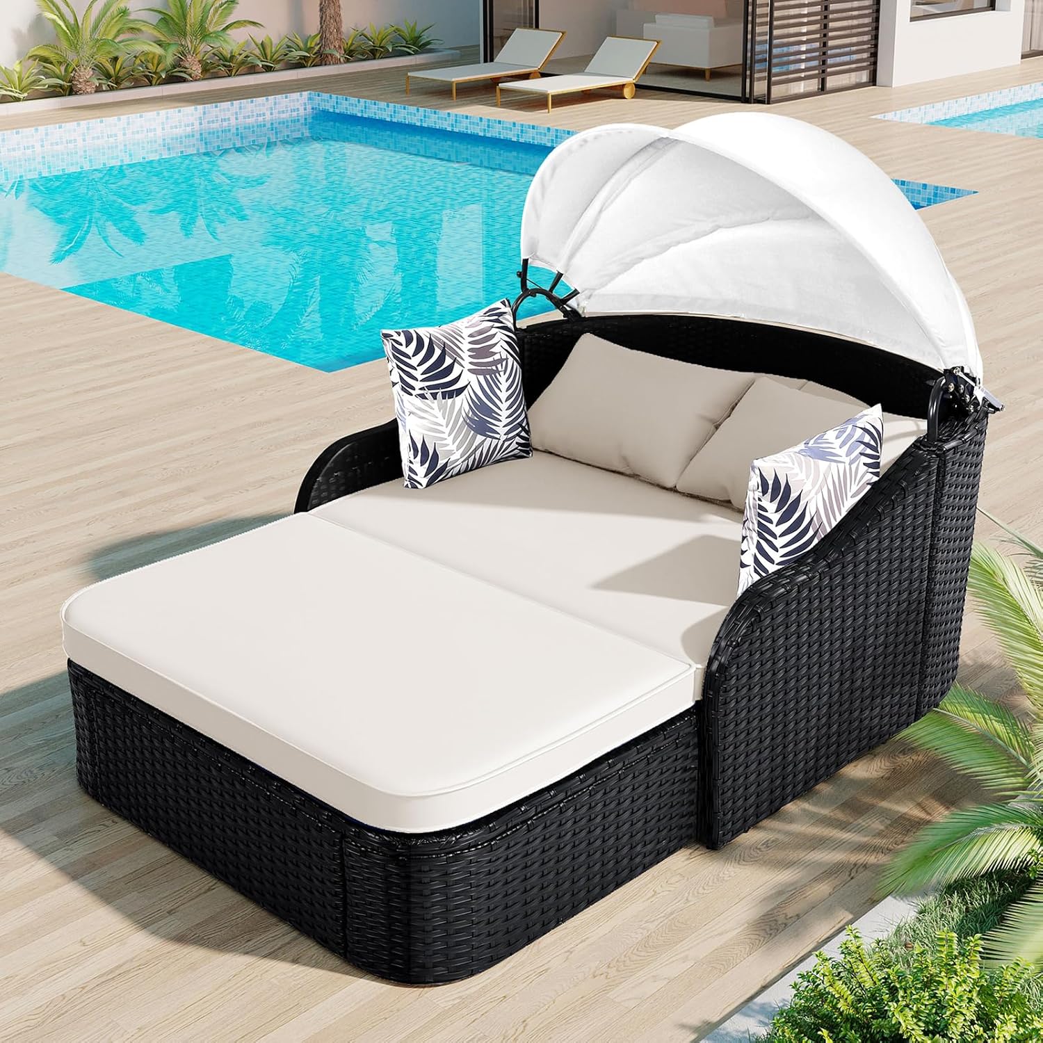 2-Person Wicker Chaise Lounge with Canopy & Pillows, Beige&Black, Outdoor Patio Sunbed