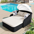2-Person Wicker Chaise Lounge with Canopy & Pillows, Beige&Black, Outdoor Patio Sunbed