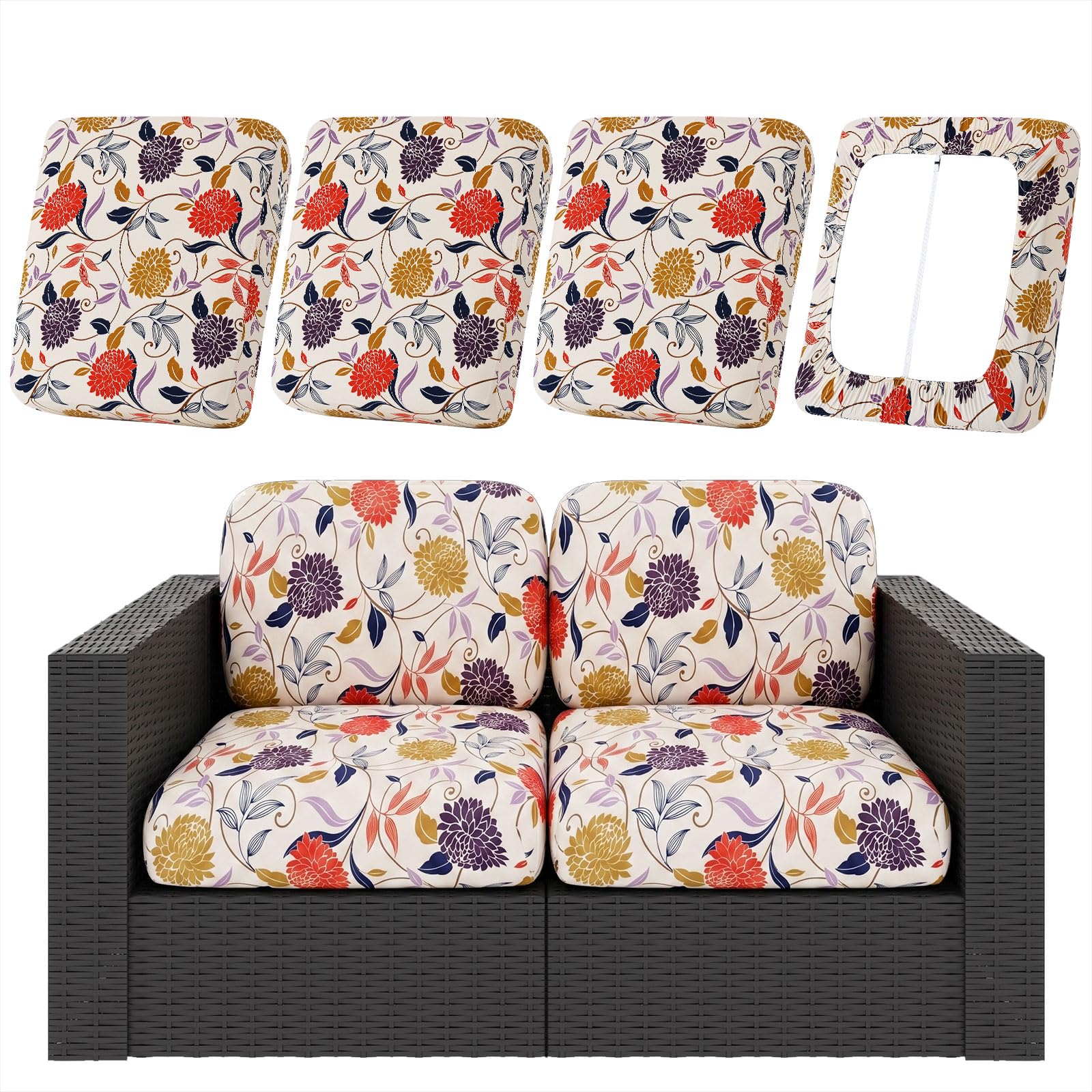 hyha 8Pcs Patio Cushion Covers, Stretch Outdoor Couch Cushion Covers Replacement, Washable Outdoor Chair/Sofa Slipcovers for Patio Furniture Cushions Protector with Elastic Bottom(Floral,Cover Only)