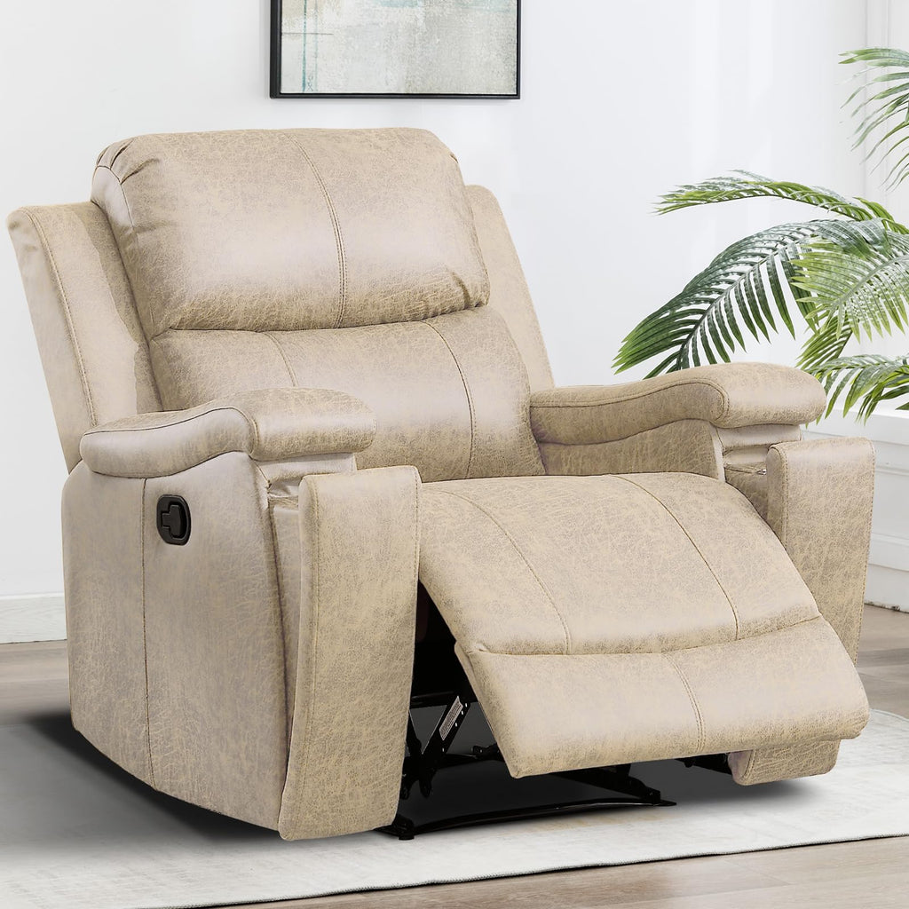 CANMOV Leather Recliner Chair, Classic and Traditional Manual Recliner Chair with Overstuffed Arms and Back, Manual Single Sofa with Concealed Cup Holders,Nut Brown