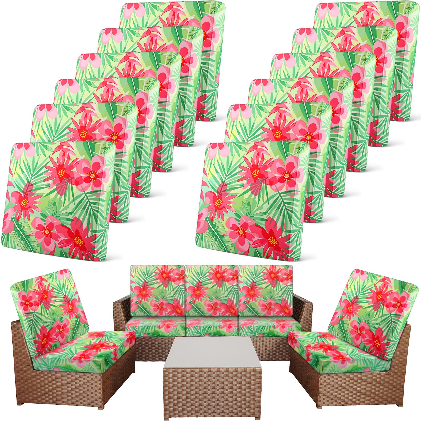 Newwiee 12 Pcs Patio Cushion Covers Outdoor Stretch Sofa Couch Cover Replacement Couch Slipcover Sofa Seat Chair Porch Patio Furniture Protector, Flexibility Washable(Colorful,Palm Leaf)