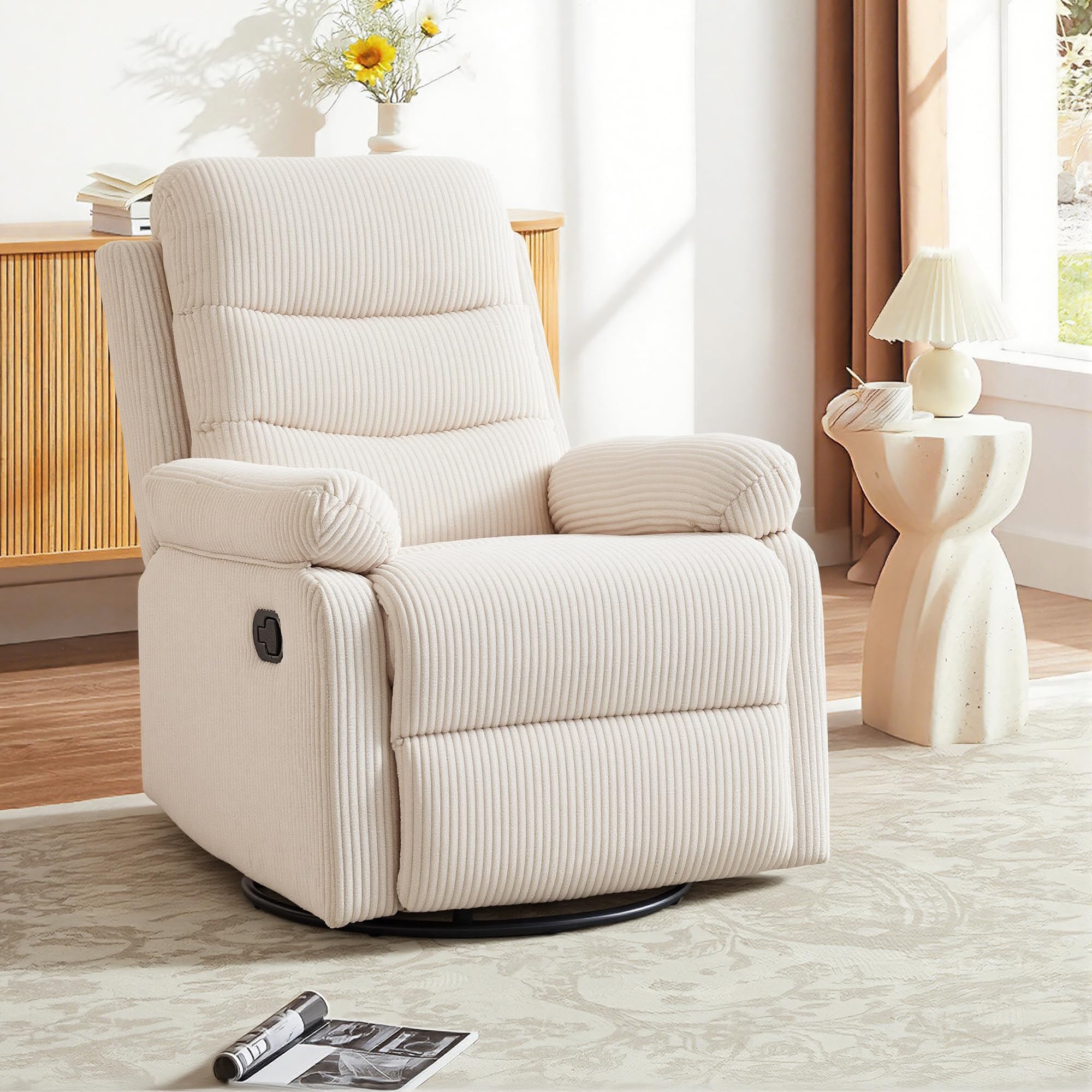 Rocking Recliner Chair,Modern Swivel Glider Recliner Chair,Corduroy Fabric Upholstery Recliner,Manual Reclining Sofa Chair for Living Room,Office,Apartment (Beige)