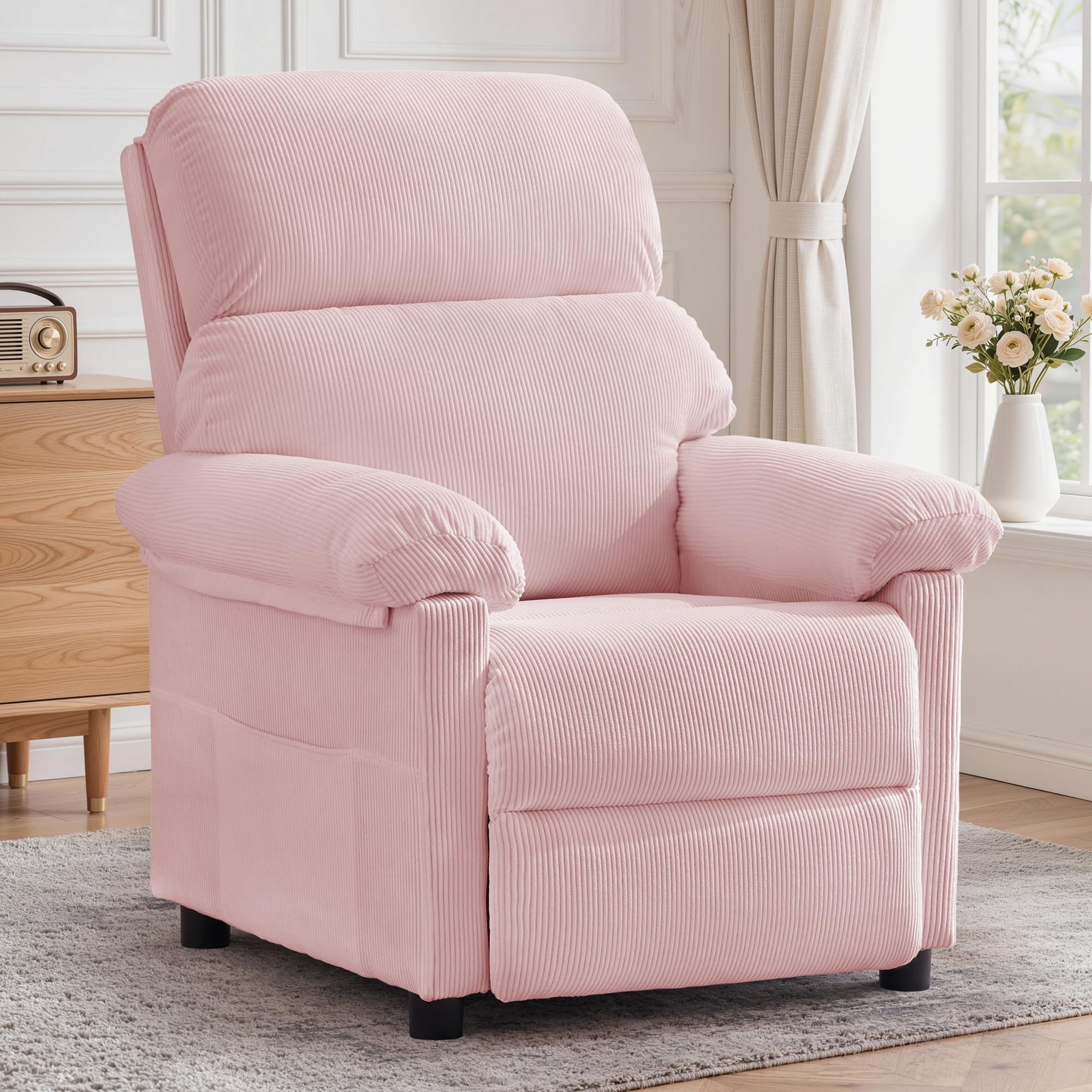 Korser Recliner Chair, Living Room Recliner Chairs for Adults, Small Recliners for Small Spaces, Upholstered Manual Reading Chair with Side Pockets, Nursery Chair for Living Room, Corduroy, Beige