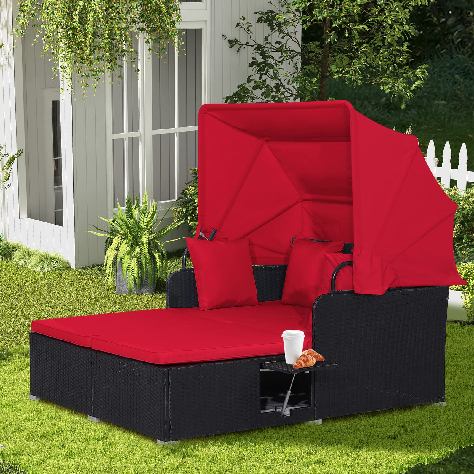COSTWAY Outdoor Daybed with Retractable Canopy, Wicker Patio Furniture Set with Cushioned Pillows, Patio Rattan Daybed for Deck, Backyard, Poolside (Turquoise)