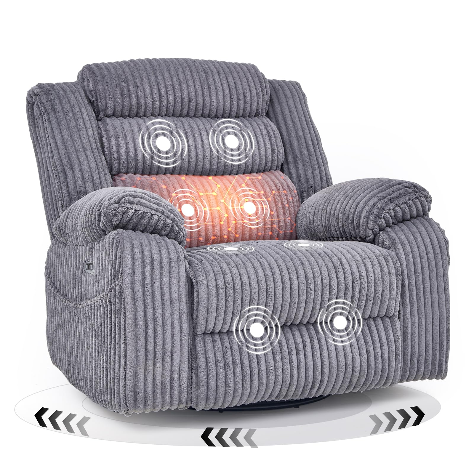 SINCRUMI Power Swivel Rocker Recliner Chair for Adults with Massage and Heat, USB and Type-C Charging Port, Infinite Position, Electric Glider Rocking Chairs for Living Room, Nursery, Pale Grey