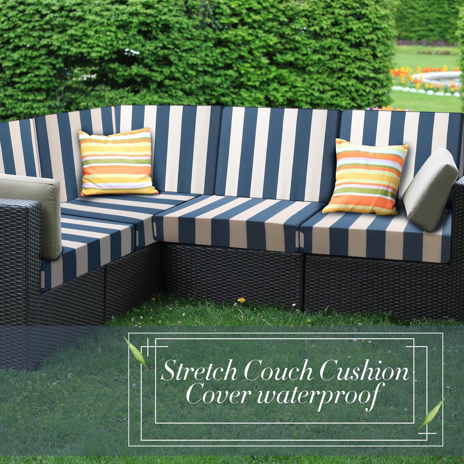 Newwiee 8pcs Patio Stretch Cushion Covers Stripe Outdoor Cushion Covers Replacement Patio Furniture Couch Slipcover Sofa Chair Seat, Thin Fabric Breathable Soft Flexibility Protector(Dark Grey Blue)