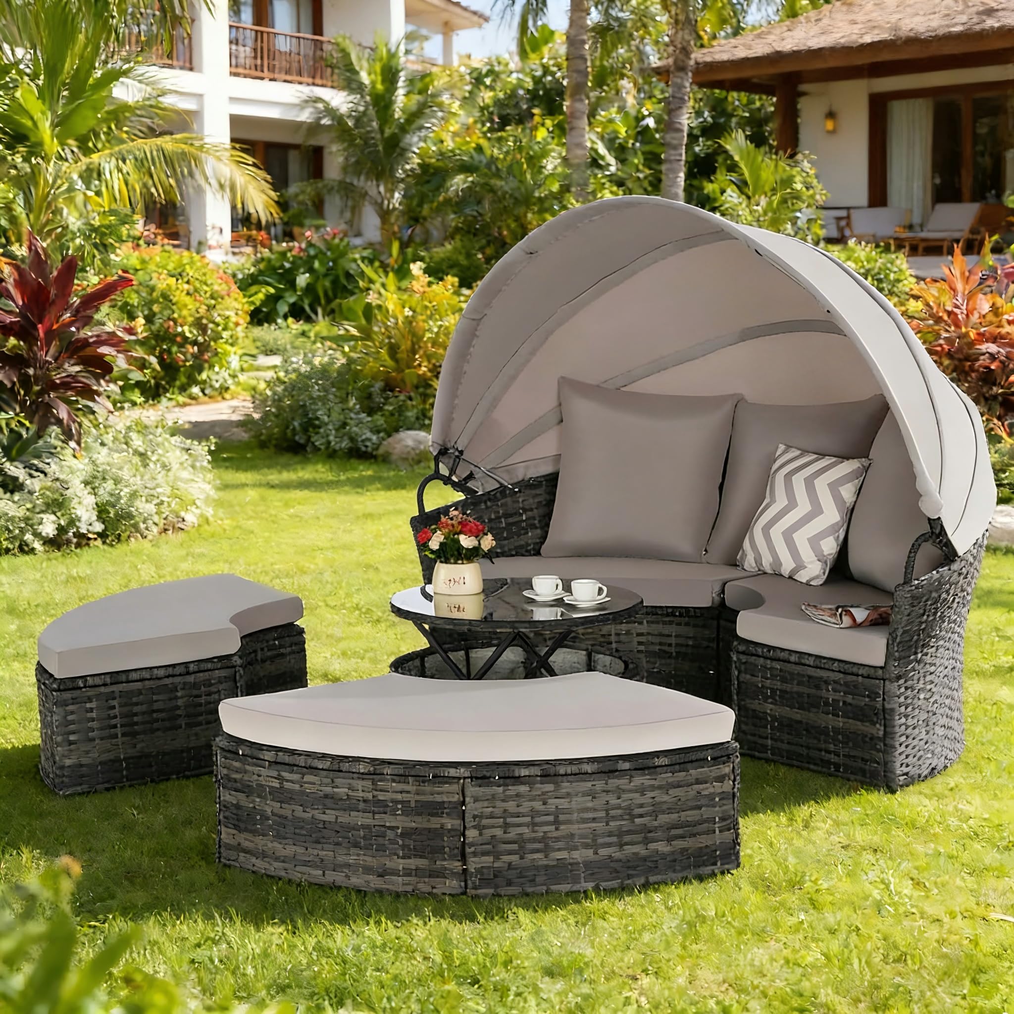 Patio Furniture Outdoor Round Daybed Bed Daybeds with Retractable Canopy, Storable Table, 3 Pillows PatioBed Sun Porch Wicker Rattan Separated Seating Sectional Sofa for Garden Poolside Dark Gray