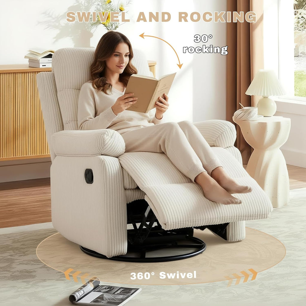 Rocking Recliner Chair,Modern Swivel Glider Recliner Chair,Corduroy Fabric Upholstery Recliner,Manual Reclining Sofa Chair for Living Room,Office,Apartment (Beige)