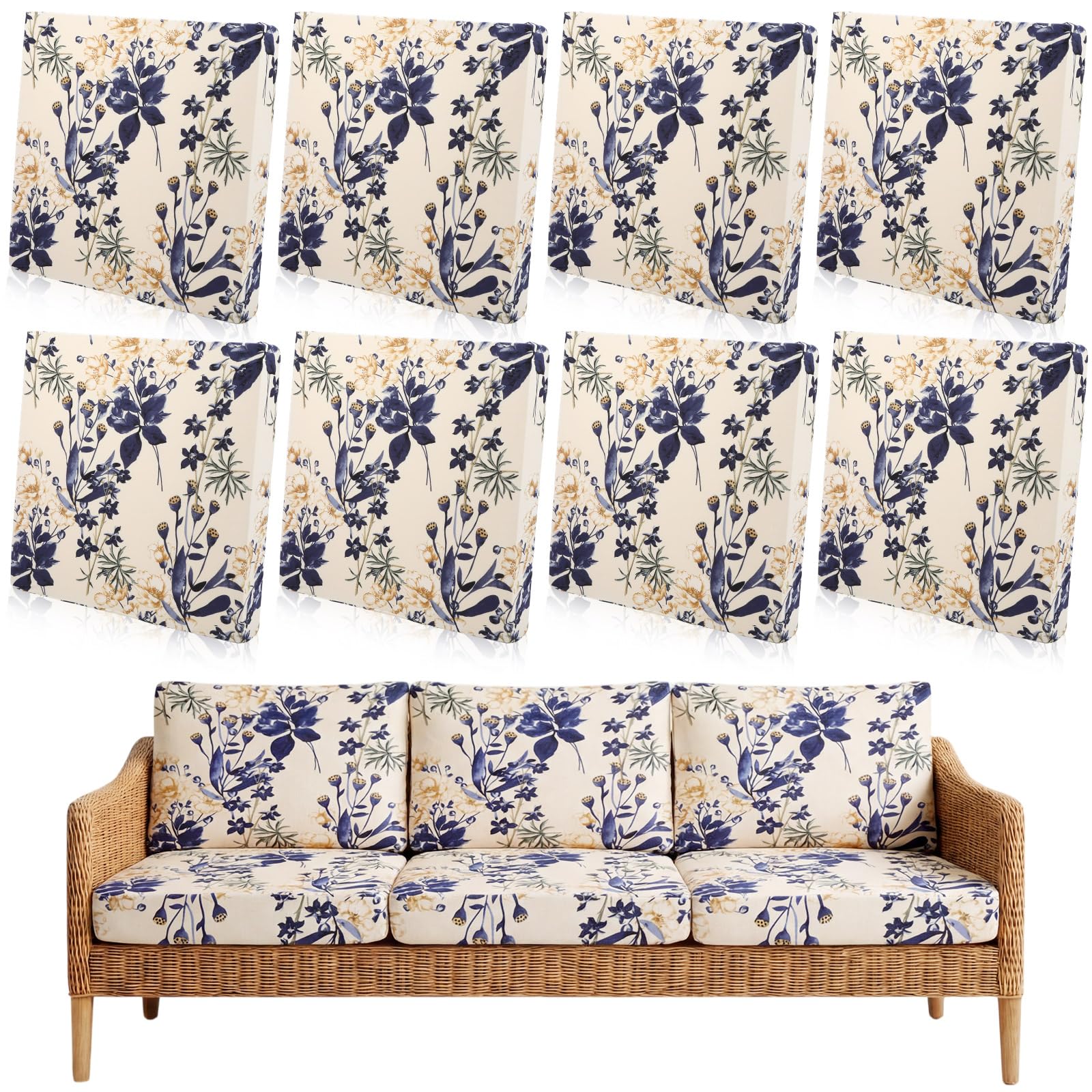 Tegeme 8 Pcs Stretch Printed Sofa Cushion Covers Outdoor Floral Couch Covers Replacement Outdoor Couch and Sofa Slipcovers Furniture Cushion Washable Reusable Furniture Protector (Modern)