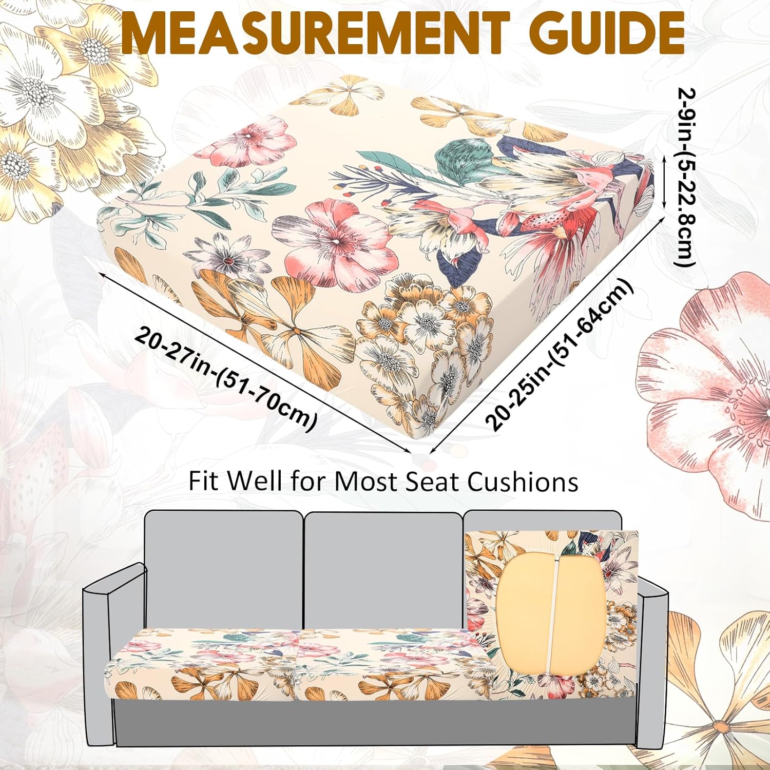 Tegeme 8 Pcs Summer Cushion Cover Stretchable Printed Floral Sofa Cushion Covers Bohemian Printed Washable with Elastic for Furniture Chair Bottom