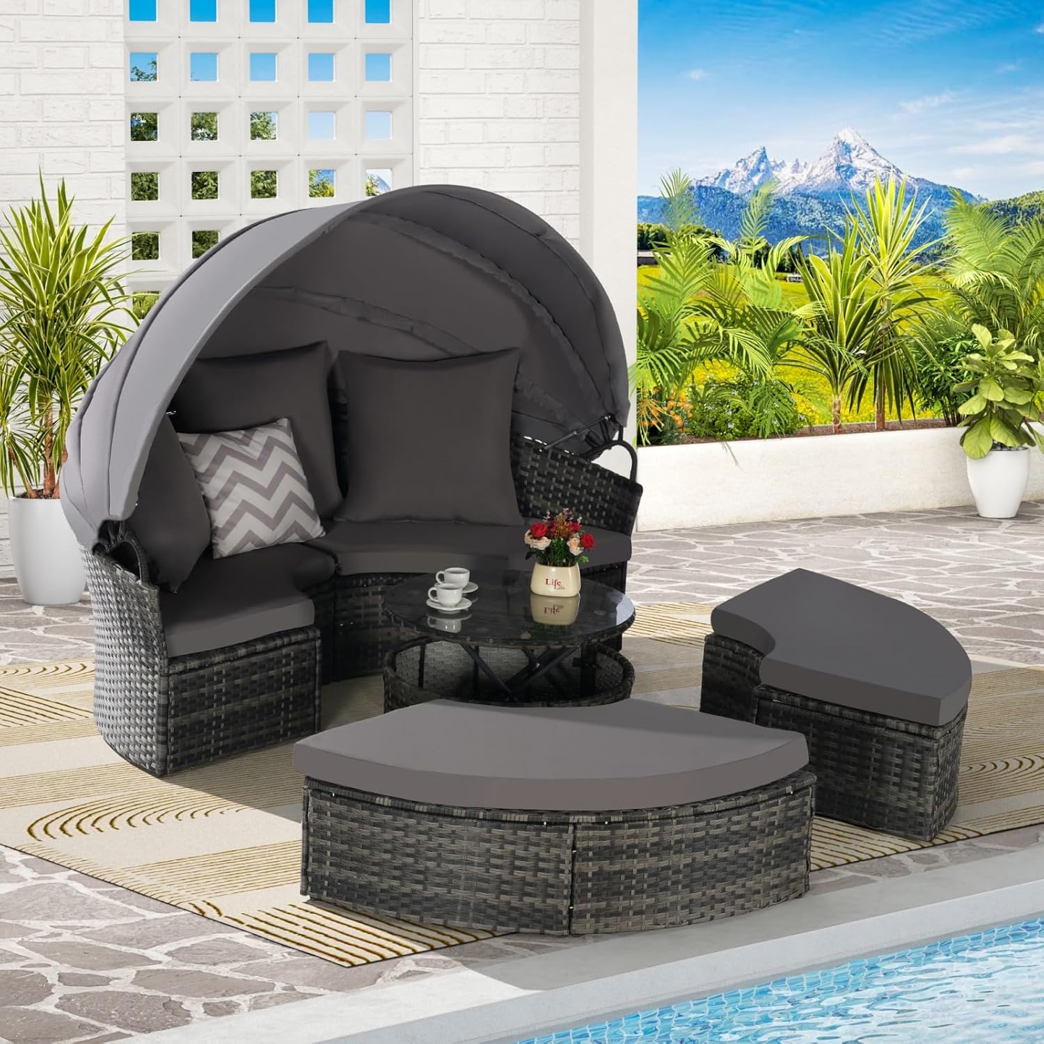Patio Furniture Outdoor Round Daybed Bed Daybeds with Retractable Canopy, Storable Table, 3 Pillows PatioBed Sun Porch Wicker Rattan Separated Seating Sectional Sofa for Garden Poolside Dark Gray