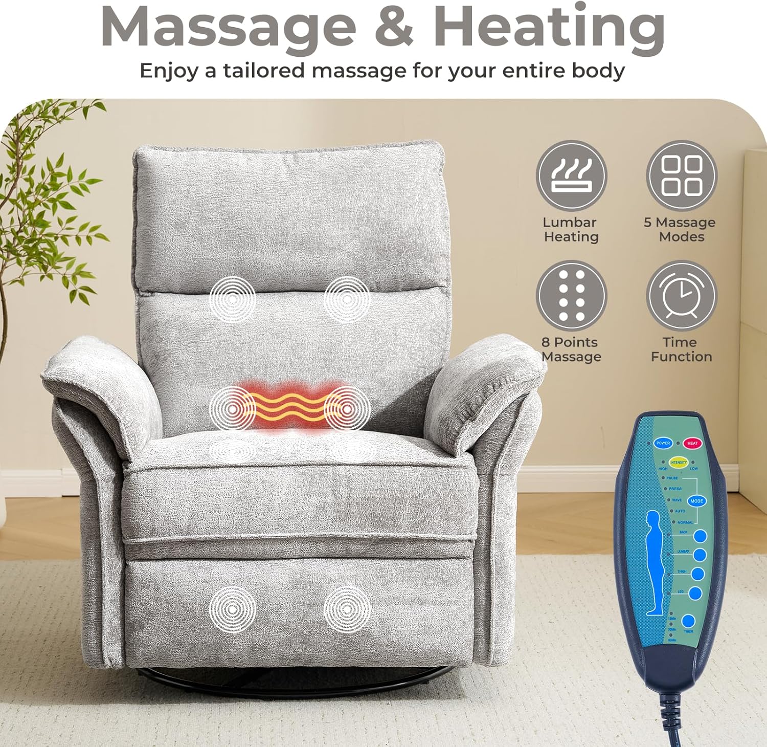 Oversized Power Recliner Chair Swivel Glider with Massage and Heat, Rocker Nursery Recliner for Adults with Adjustable Headrest, 26" Extra Wide Nursery Chair with Overstuffed Armrest,Light Grey