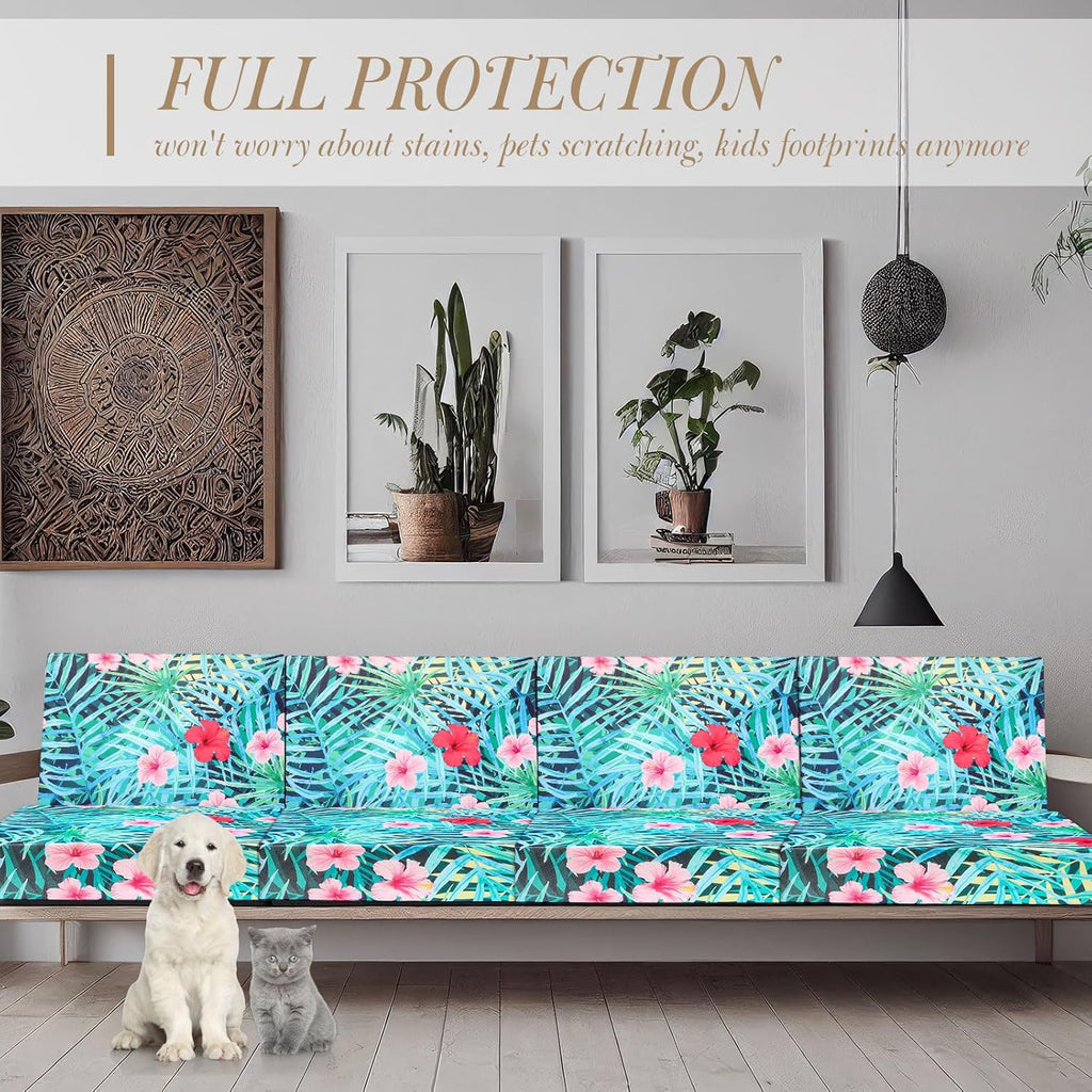 Newwiee 12 Pcs Patio Cushion Covers Outdoor Stretch Sofa Couch Cover Replacement Couch Slipcover Sofa Seat Chair Porch Patio Furniture Protector, Flexibility Washable(Colorful,Palm Leaf)