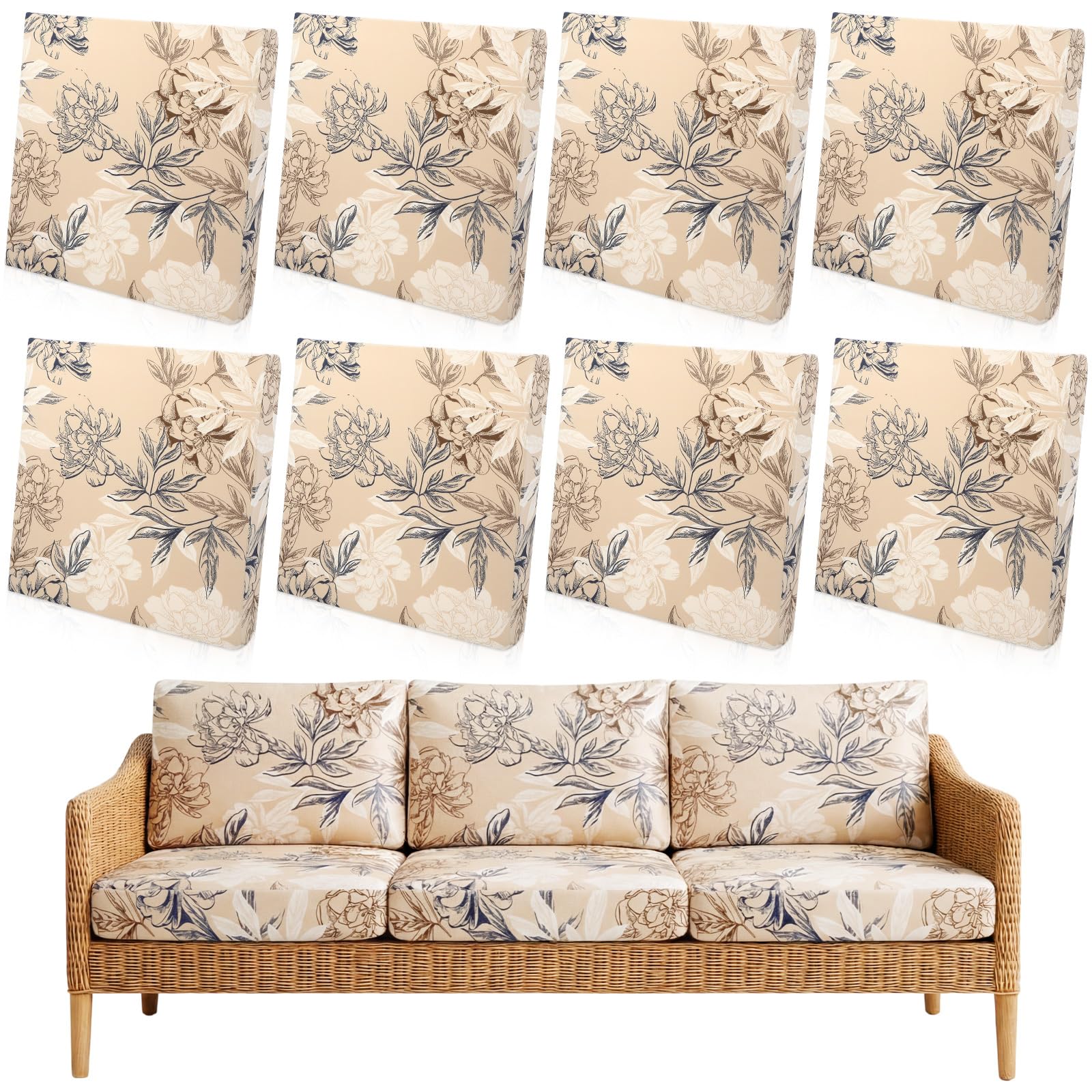 Tegeme 8 Pcs Stretch Printed Sofa Cushion Covers Outdoor Floral Couch Covers Replacement Outdoor Couch and Sofa Slipcovers Furniture Cushion Washable Reusable Furniture Protector (Modern)