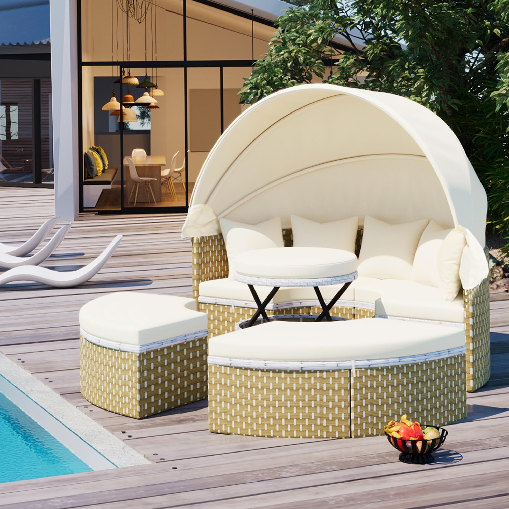 VilroCaz Outdoor Rattan Daybed Patio Wicker Sunbed with Canopy/Overhead Curtains/Cushions, Wicker Patio Sofa Set with Adjustable Seats for Lawn Garden Backyard Poolside (Beige Cushions)