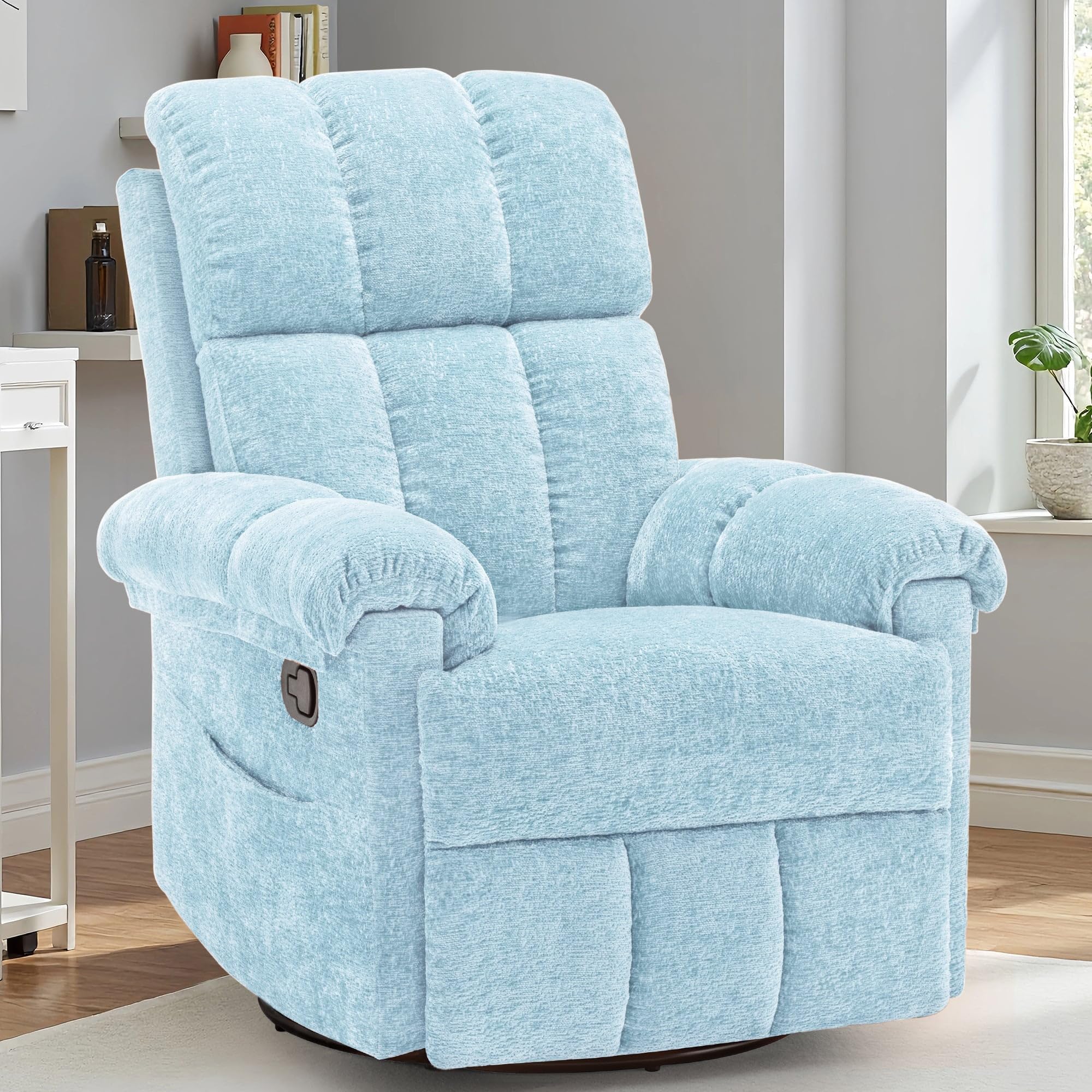 Korser Recliner Chair, Swivel Rocker Recliner Chair for Adults, Small Recliners for Small Spaces, Upholstered Manual Recliner with Side Pockets, Nursery Rocking Chair for Living Room, Chenille, Beige