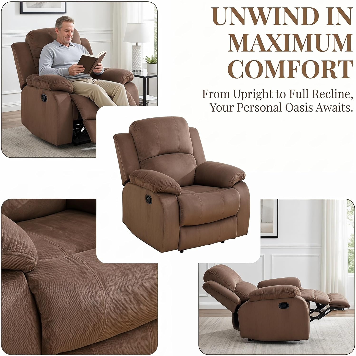 Manual Recliner Chair, Nursery Rocking Chair, Velvet Recliner Chair for Adults, Lazy Boy, Gaming Recliner wih Overstuffed Arms, Suitable for Home Theater, Living Room, Bedroom, Brown