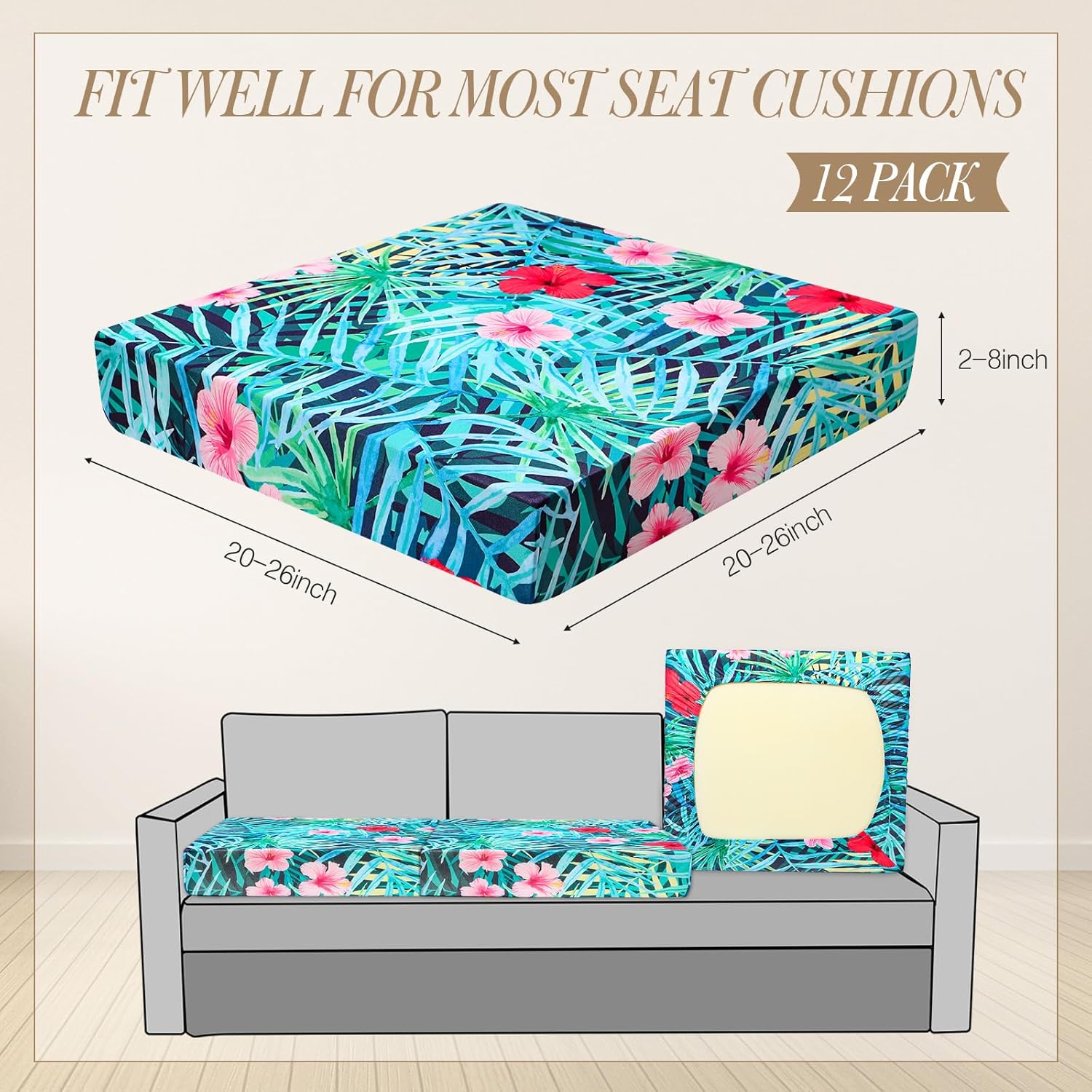 Newwiee 12 Pcs Patio Cushion Covers Outdoor Stretch Sofa Couch Cover Replacement Couch Slipcover Sofa Seat Chair Porch Patio Furniture Protector, Flexibility Washable(Colorful,Palm Leaf)
