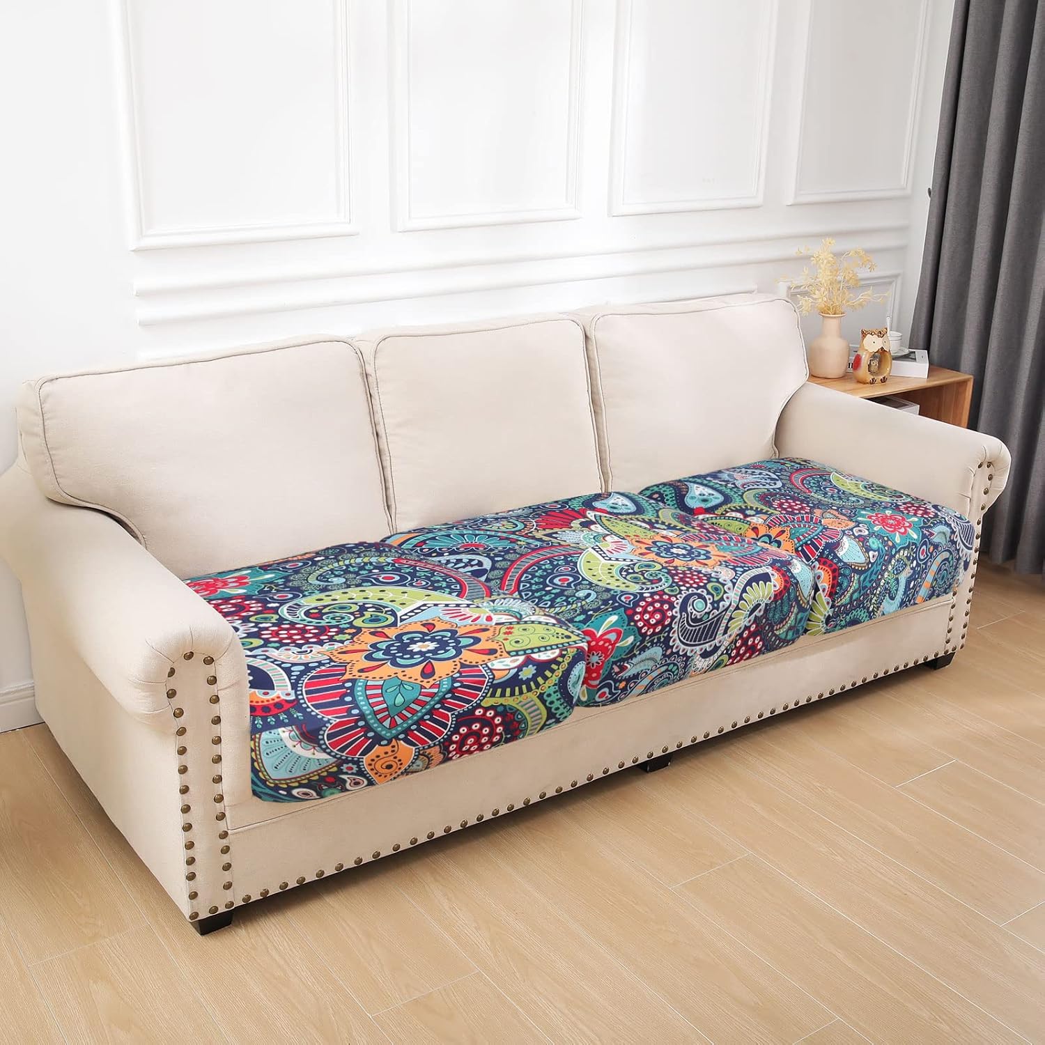hyha Printed Couch Cushion Covers, Floral Sofa Covers Washable for 3 Cushion Couch, Stretch Pattern Outdoor Cushion Covers for Patio Furniture with Elastic Bottom(3 Packs, Paisley)