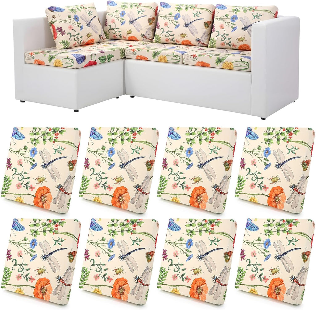 Mindsoft 8 Pcs Printed Cushion Cover for Outdoor Stretch Floral Sofa Couch Cushion Replacement Washable Farmhouse Seat Covers with Elastic for Furniture Chair Bottom