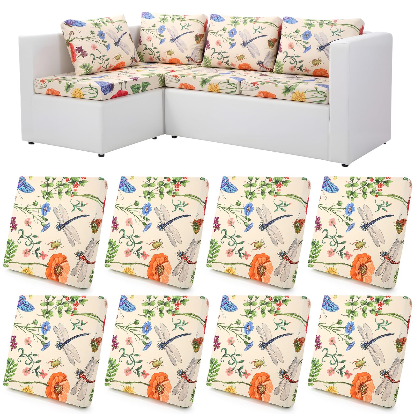 Mindsoft 8 Pcs Printed Cushion Cover for Outdoor Stretch Floral Sofa Couch Cushion Replacement Washable Farmhouse Seat Covers with Elastic for Furniture Chair Bottom
